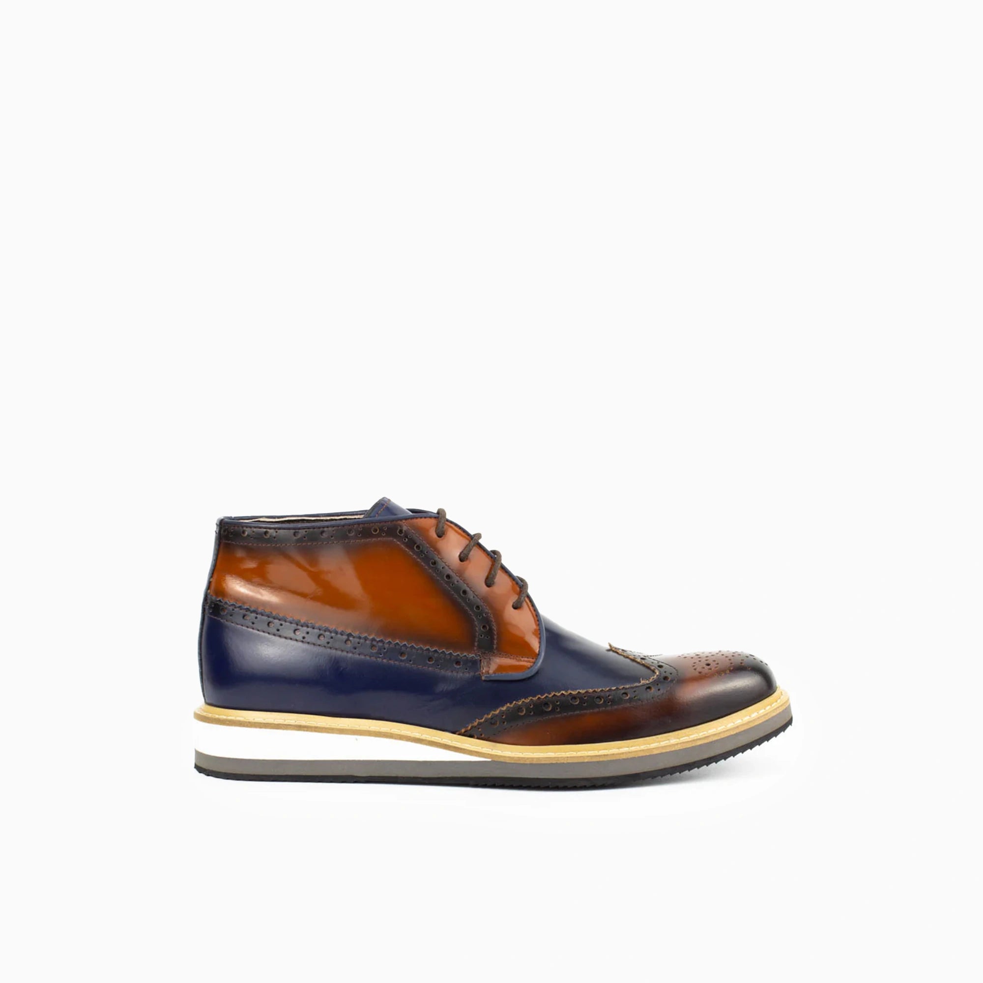 Carlo Brown-Navy Blue Men's Genuine Leather Wingtip Lace-Up Chukka Boots