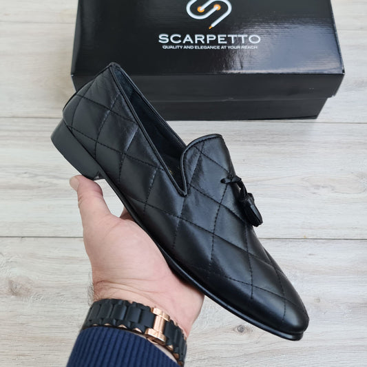 Premium Quilted Leather Tassel Loafers in Black