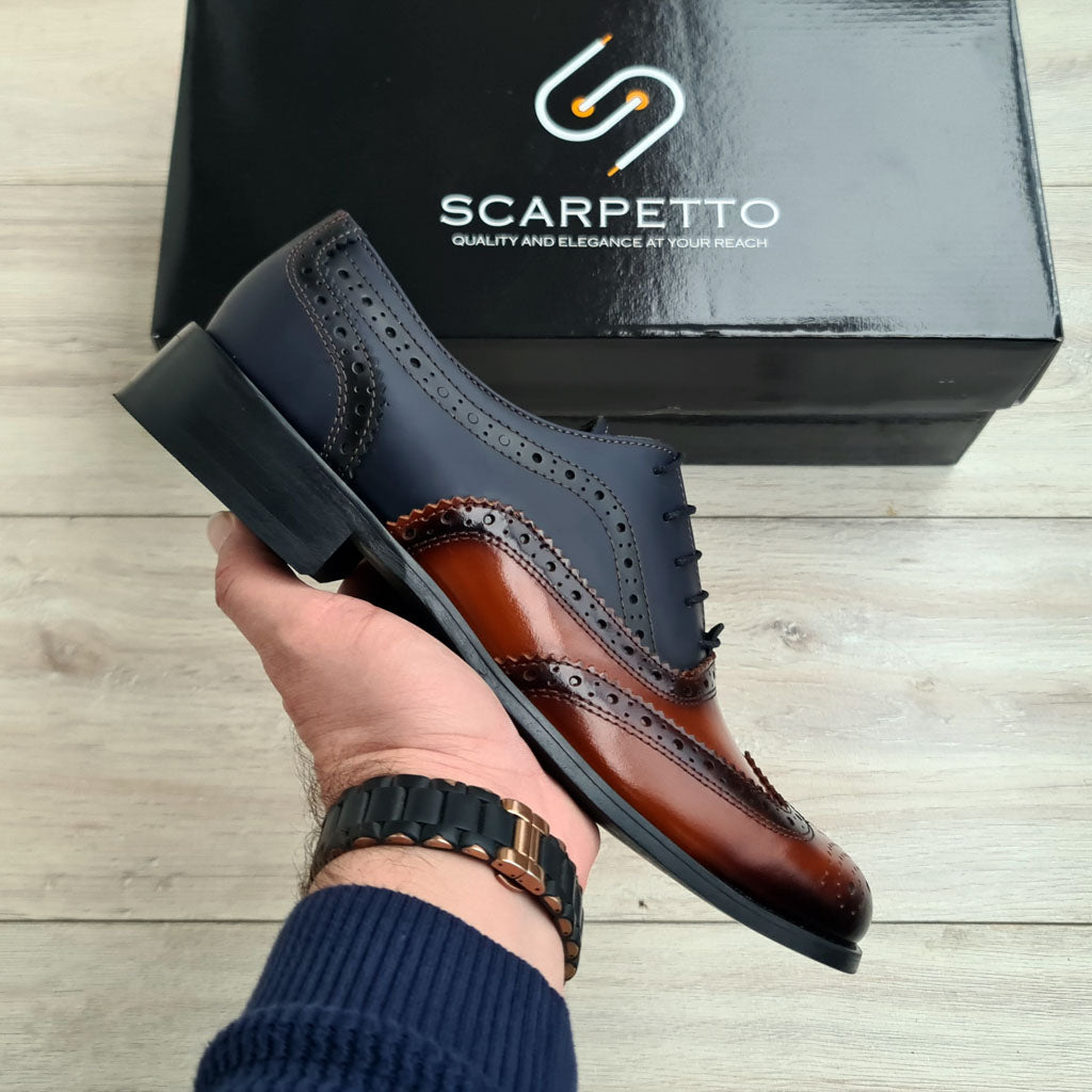 Adriano Two-Tone Wingtip Men's Oxford — three-quarter view | Scarpetto