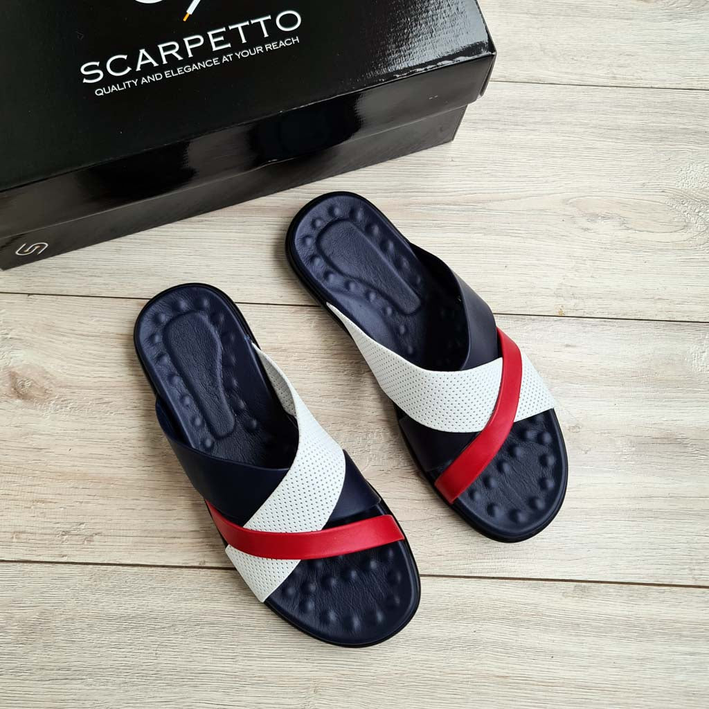 Premium Leather Men's Sandal in Navy/White