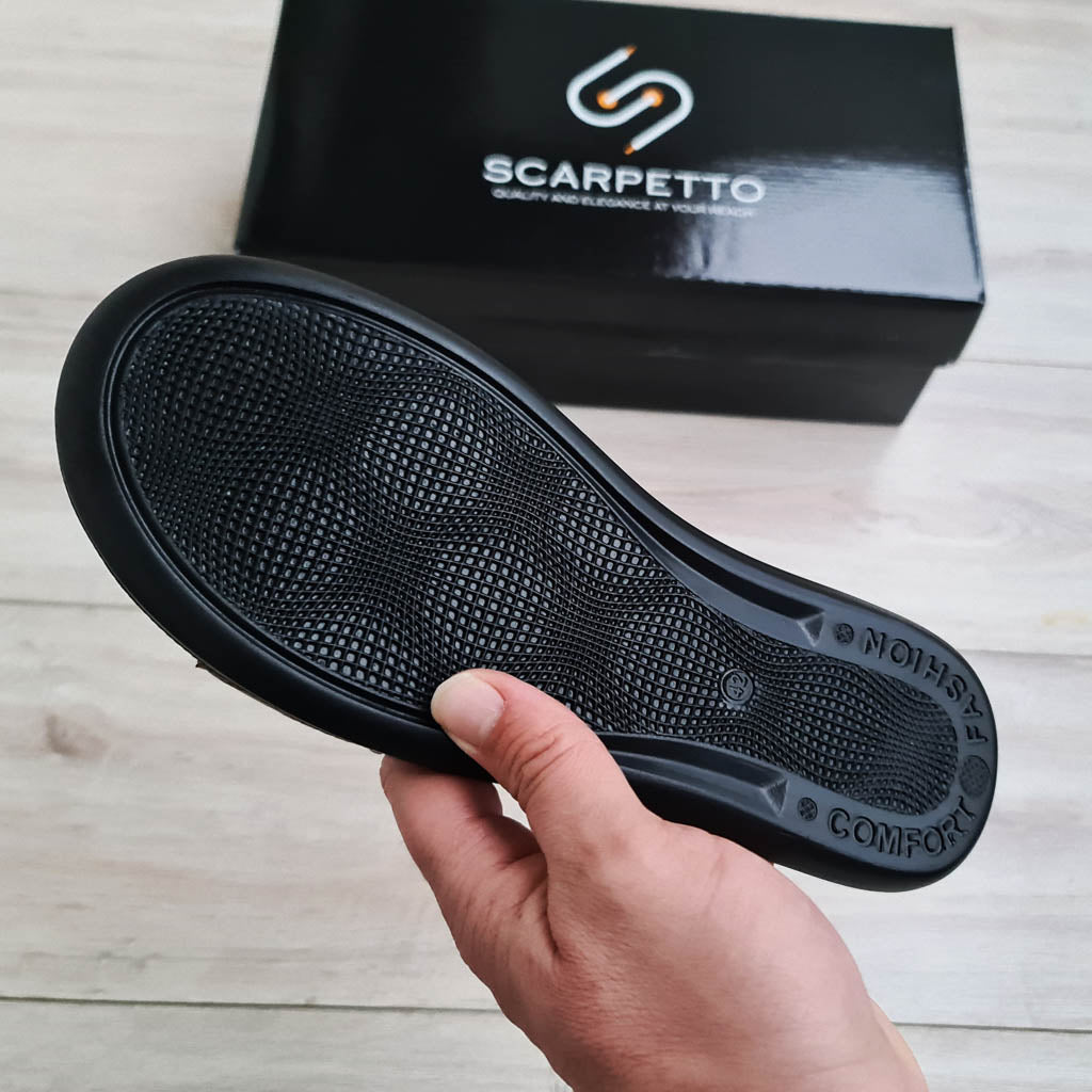 Estate Nero Perforated Leather Men's Sandal — three-quarter view | Scarpetto