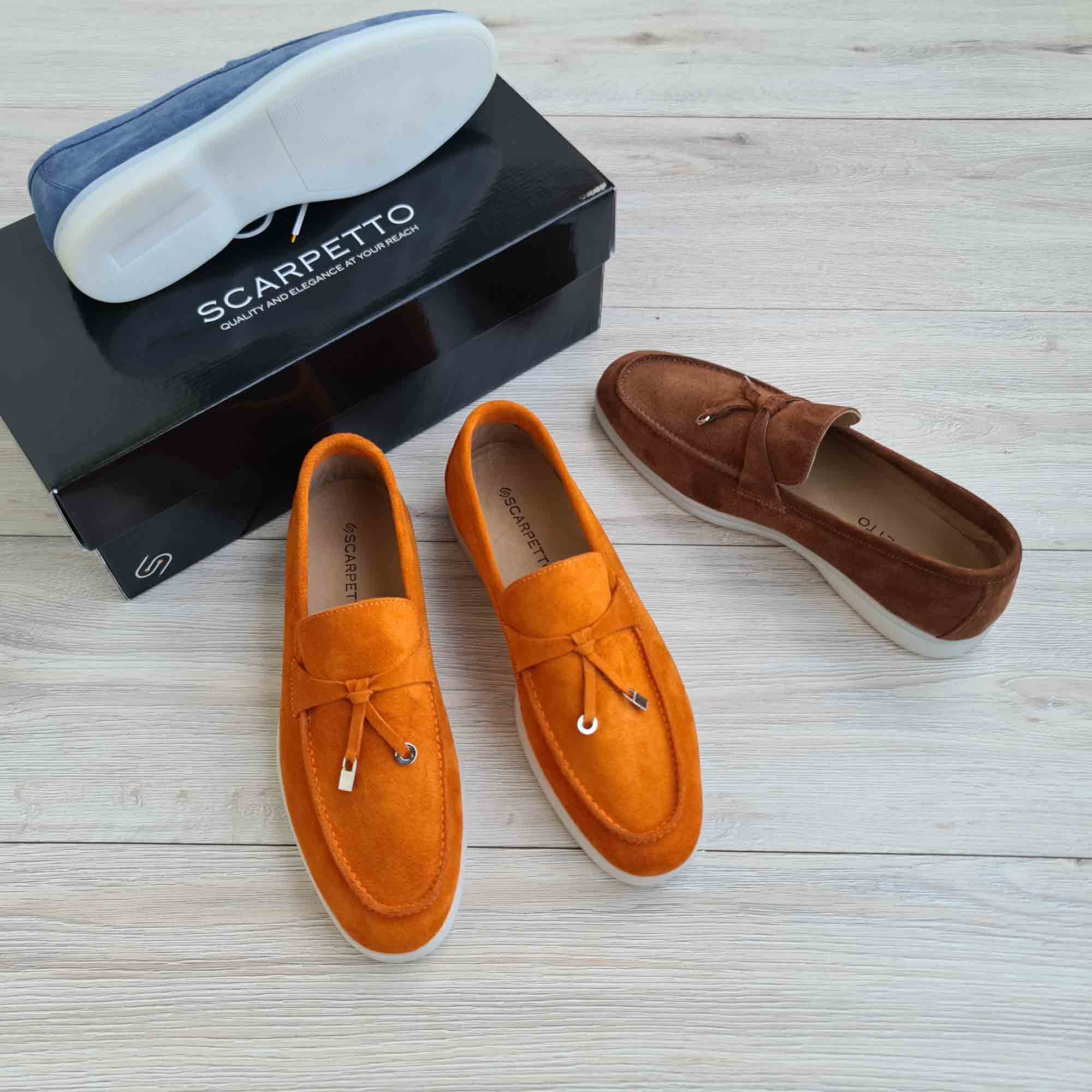 Flecos Tassel Orange Suede Men's Loafer — three-quarter view | Scarpetto