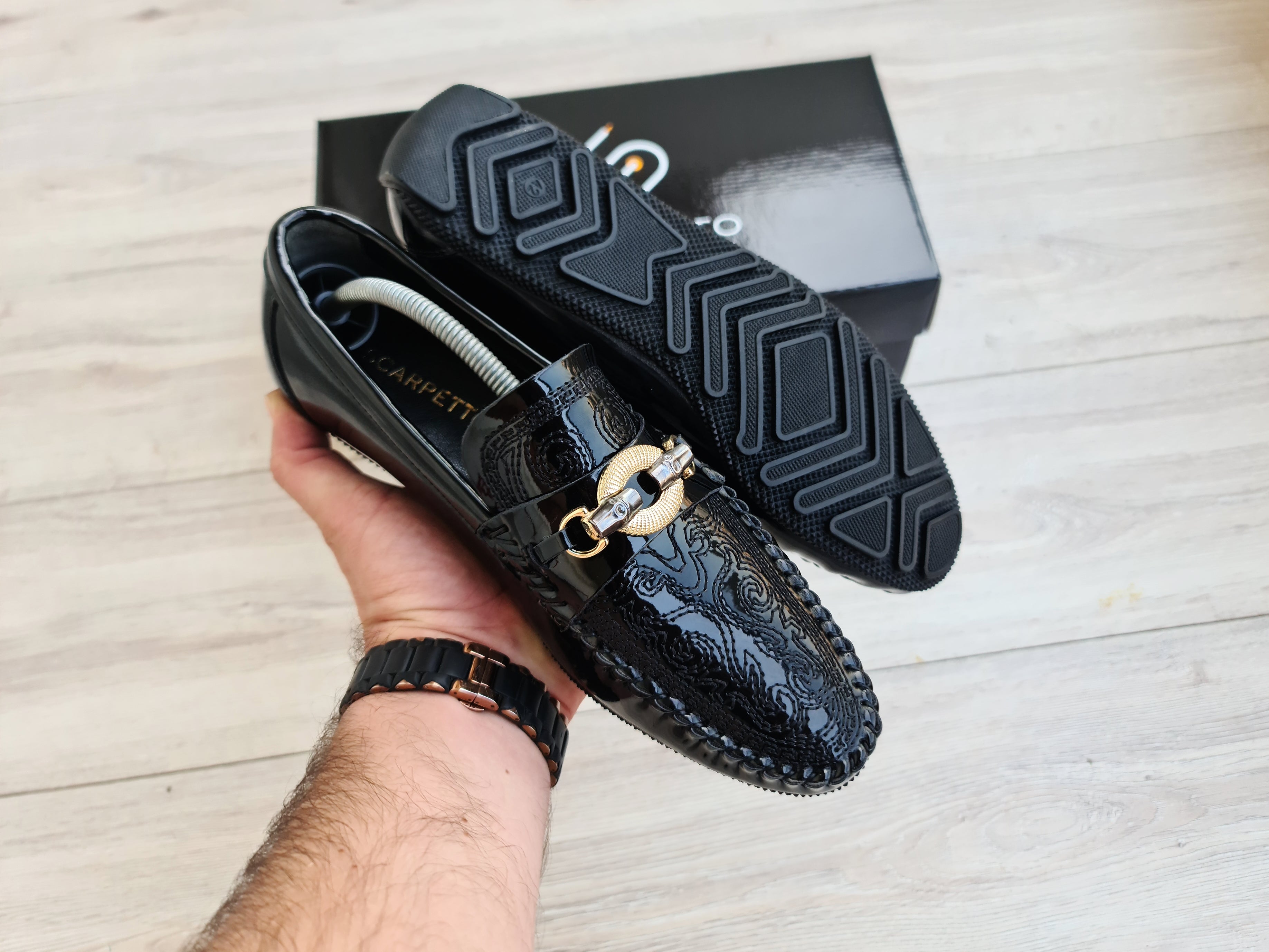 Ricamo Embroidered Patent Men's Loafer — top view | Scarpetto