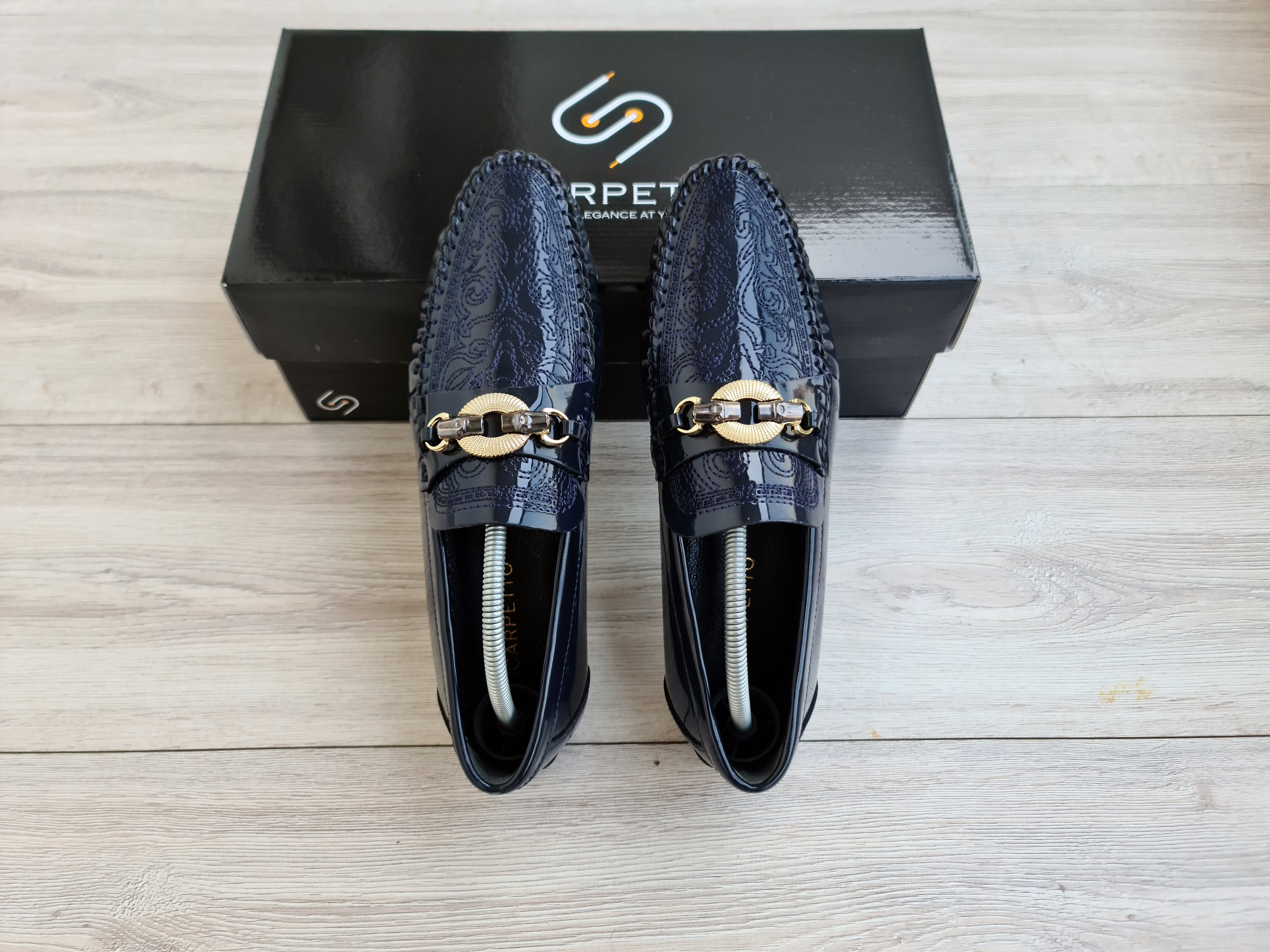 Ricamo Embroidered Patent Men's Loafer — three-quarter view | Scarpetto