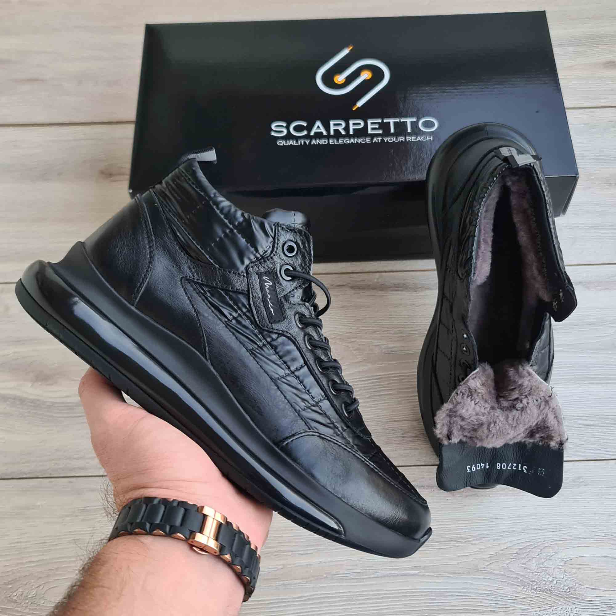 Activo Fur-Lined Black Leather Sneaker — three-quarter view | Scarpetto