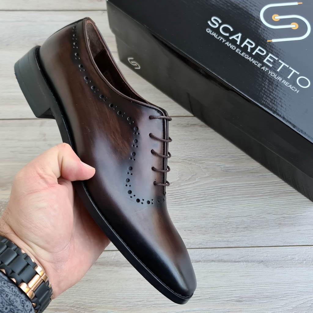 Patina Wholecut Chocolate Oxford for Men — front view | Scarpetto