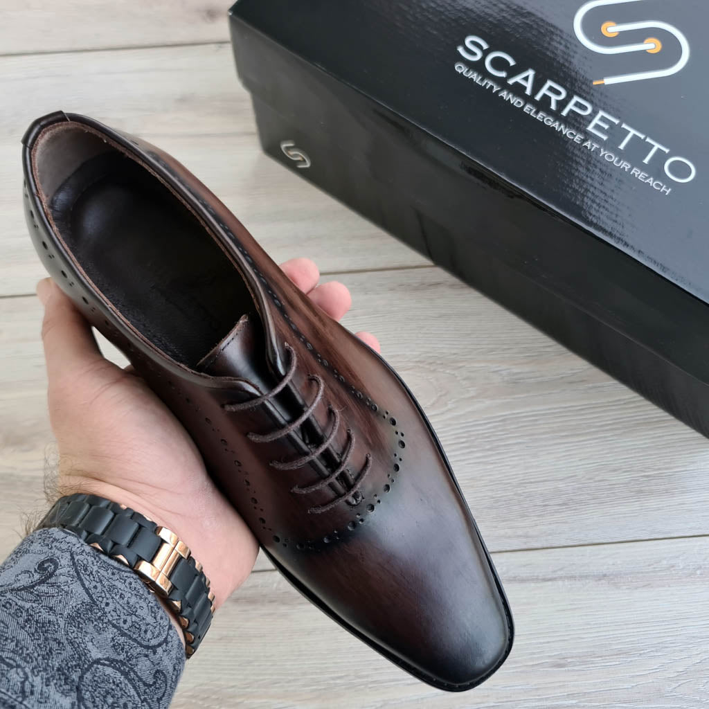 Patina Wholecut Chocolate Oxford for Men — three-quarter view | Scarpetto