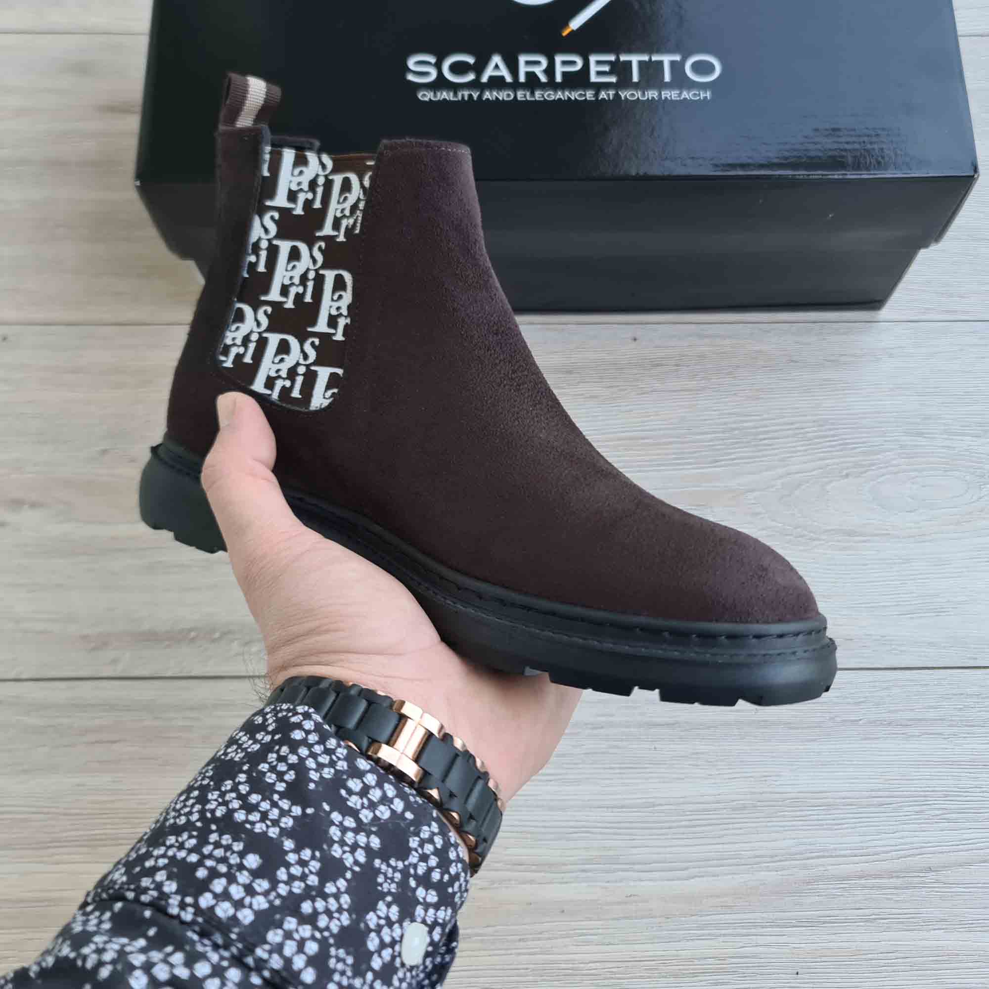 Paris Chocolate Suede Chelsea Boots for Men — three-quarter view | Scarpetto