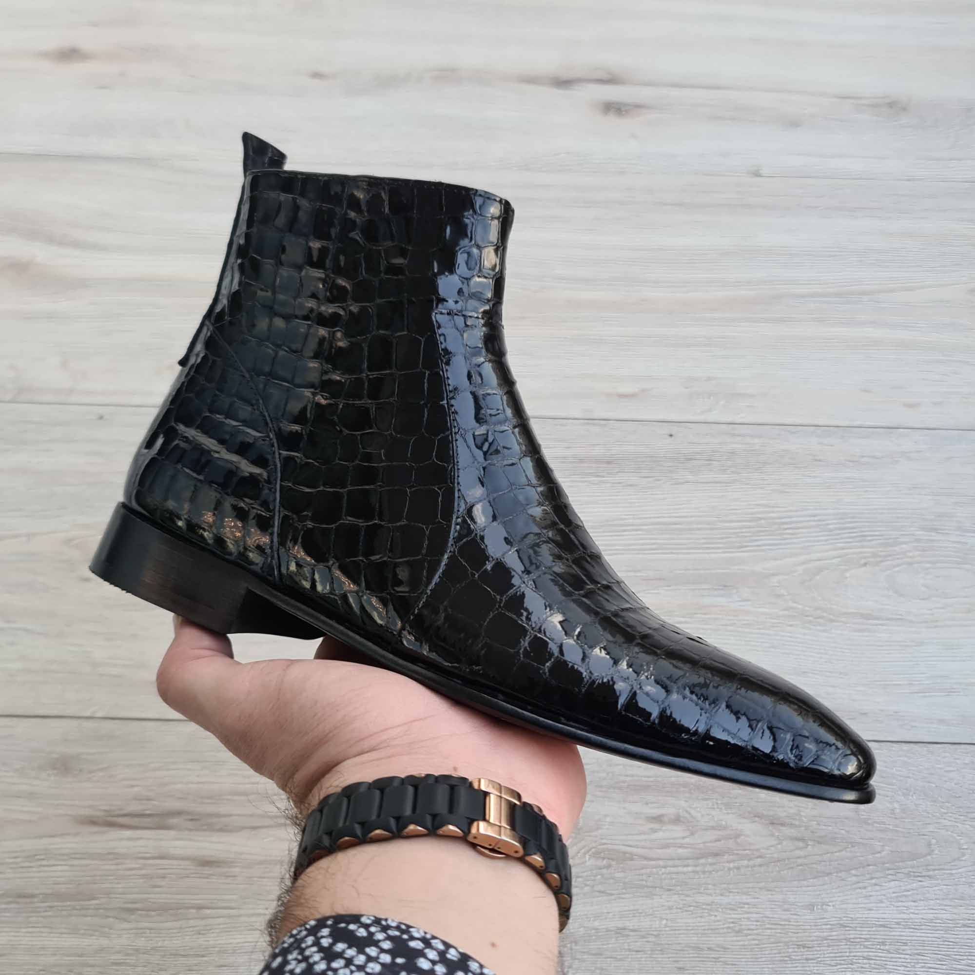 Raphael Black Men's Chelsea Croco Patent Leather Boots | Red Sole