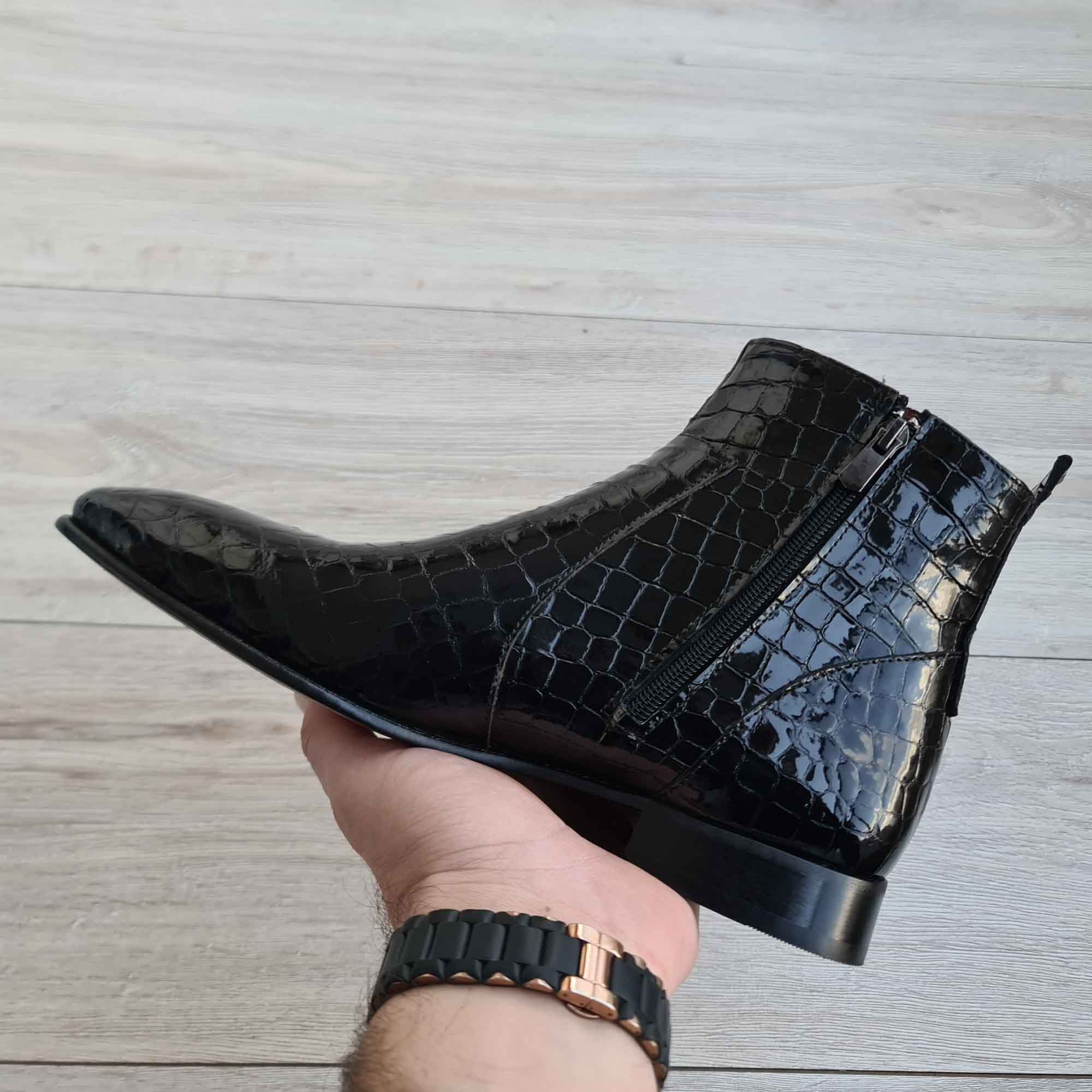 Raphael Black Men's Chelsea Croco Patent Leather Boots | Red Sole