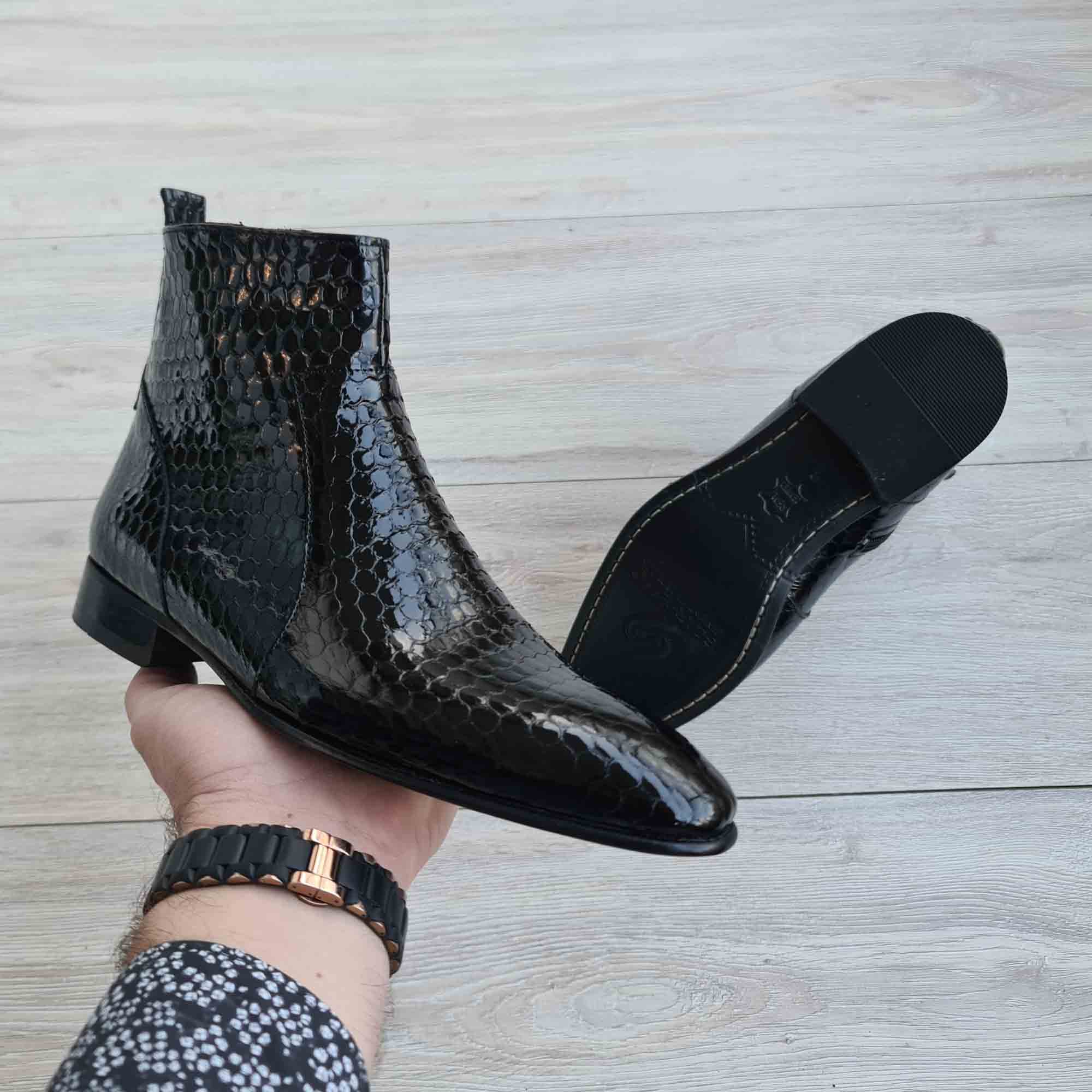 Raphael Black Men's Chelsea Honeycomb Patent Leather Boots