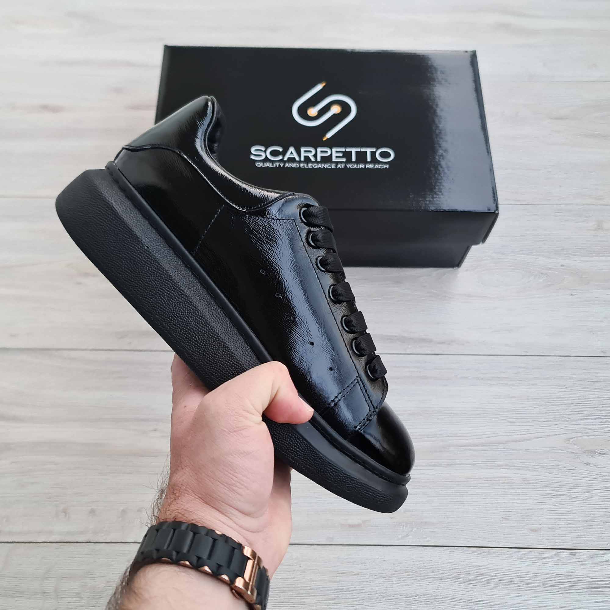 Lift Soft Patent Platform Men's Sneaker — three-quarter view | Scarpetto