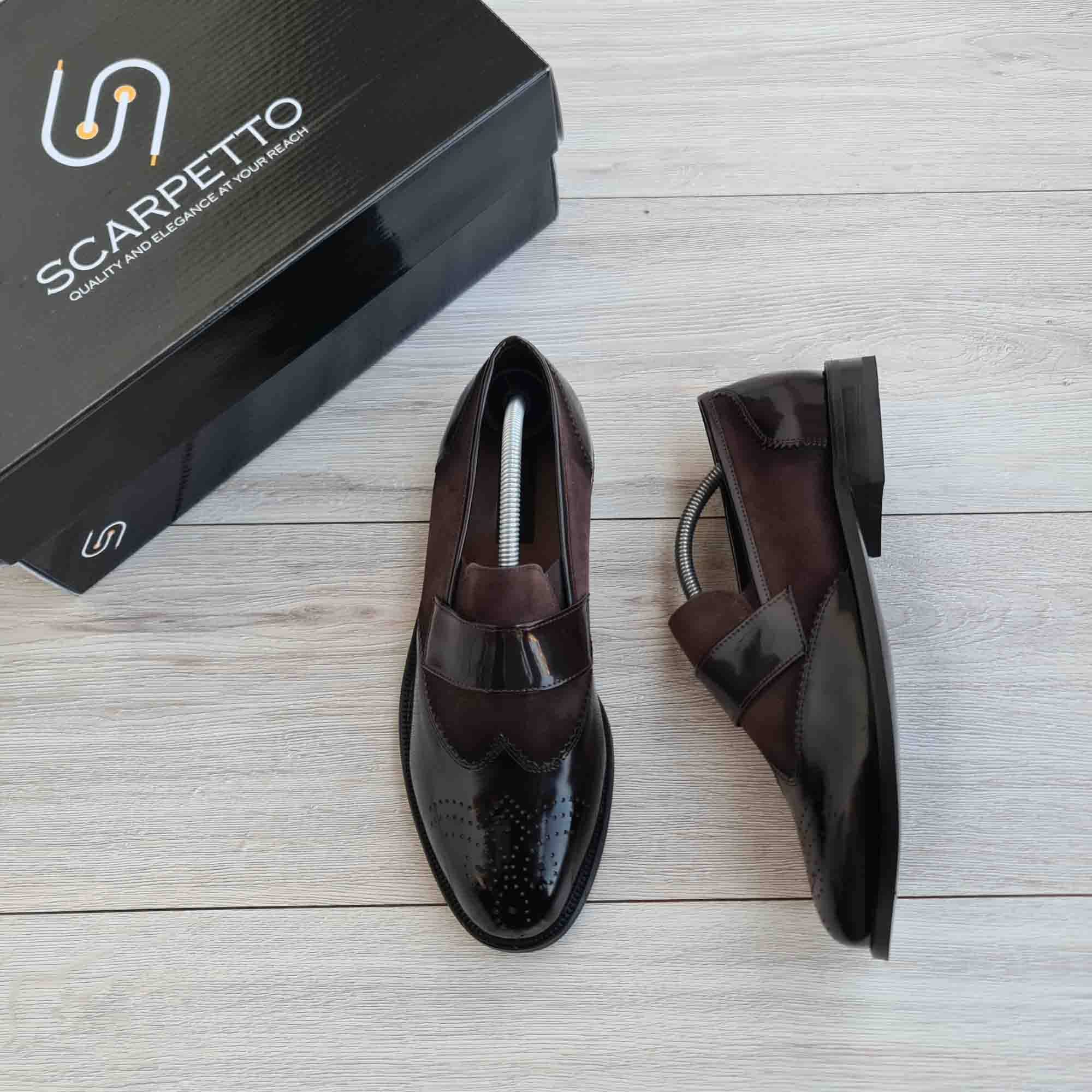 Nerano Split Brown Patent Brogue Men's Loafer — front view | Scarpetto