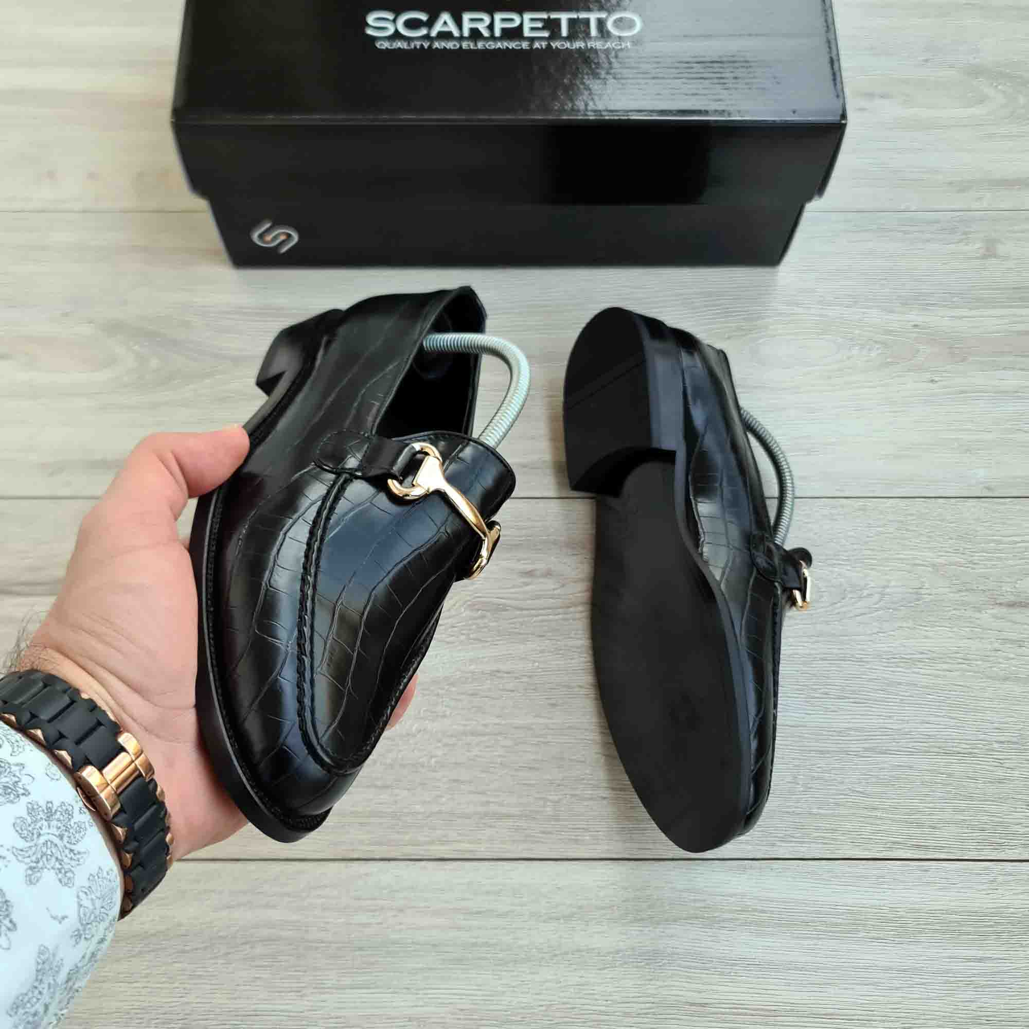 Cavalloro Croco Black Leather Horsebit Loafer — three-quarter view | Scarpetto