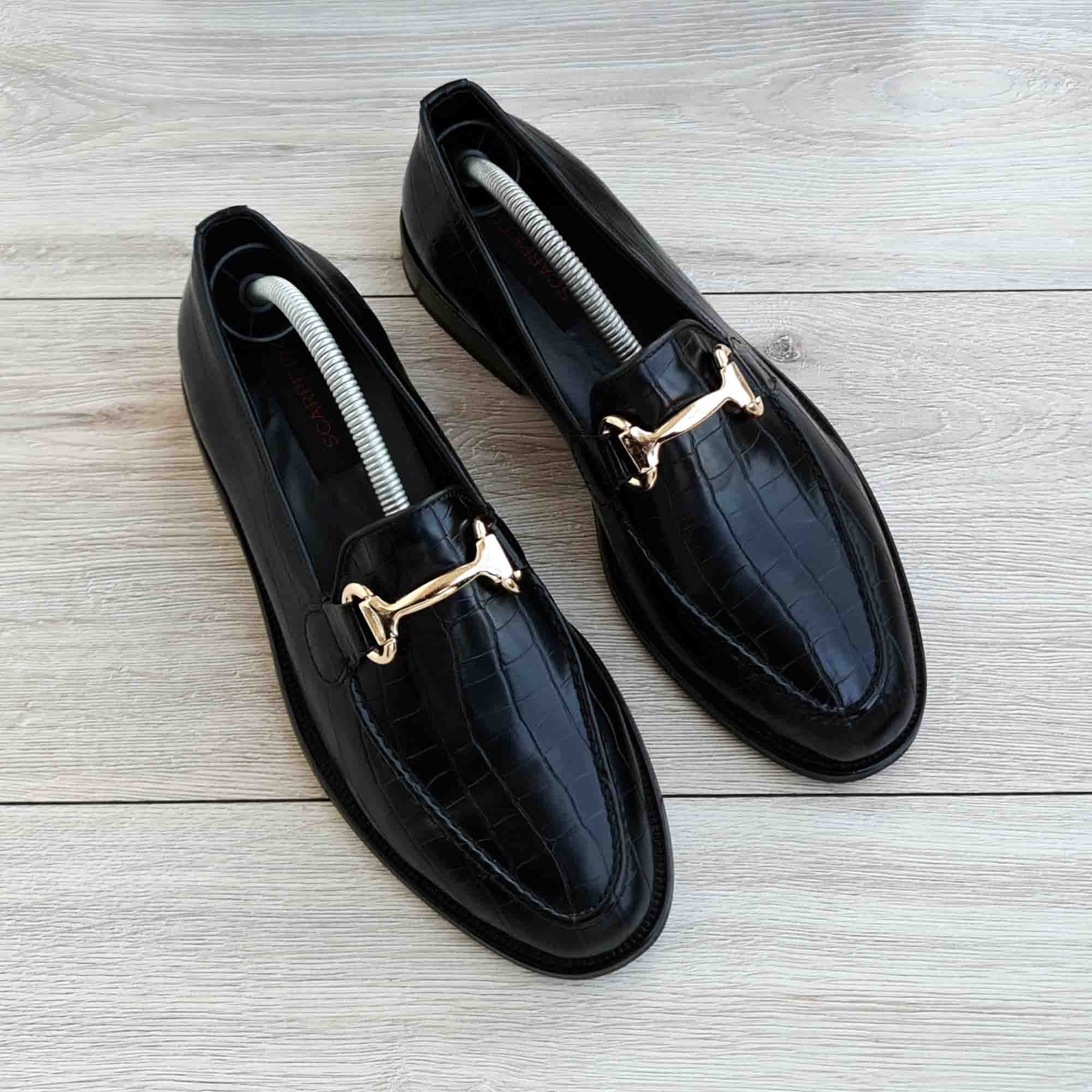 Cavalloro Croco Black Leather Horsebit Loafer — top view | Scarpetto