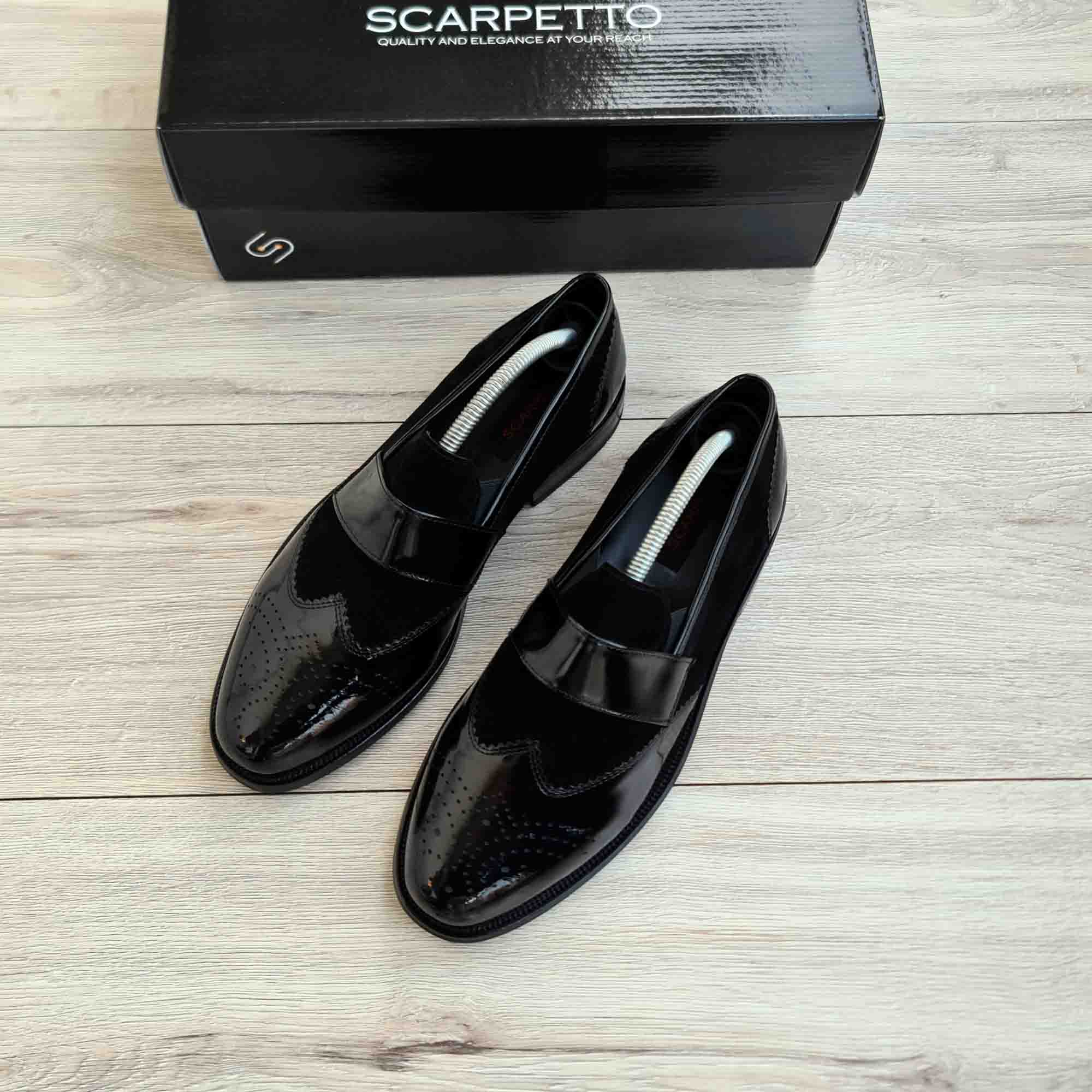Nerano Split Black Patent Brogue Men's Loafer — three-quarter view | Scarpetto