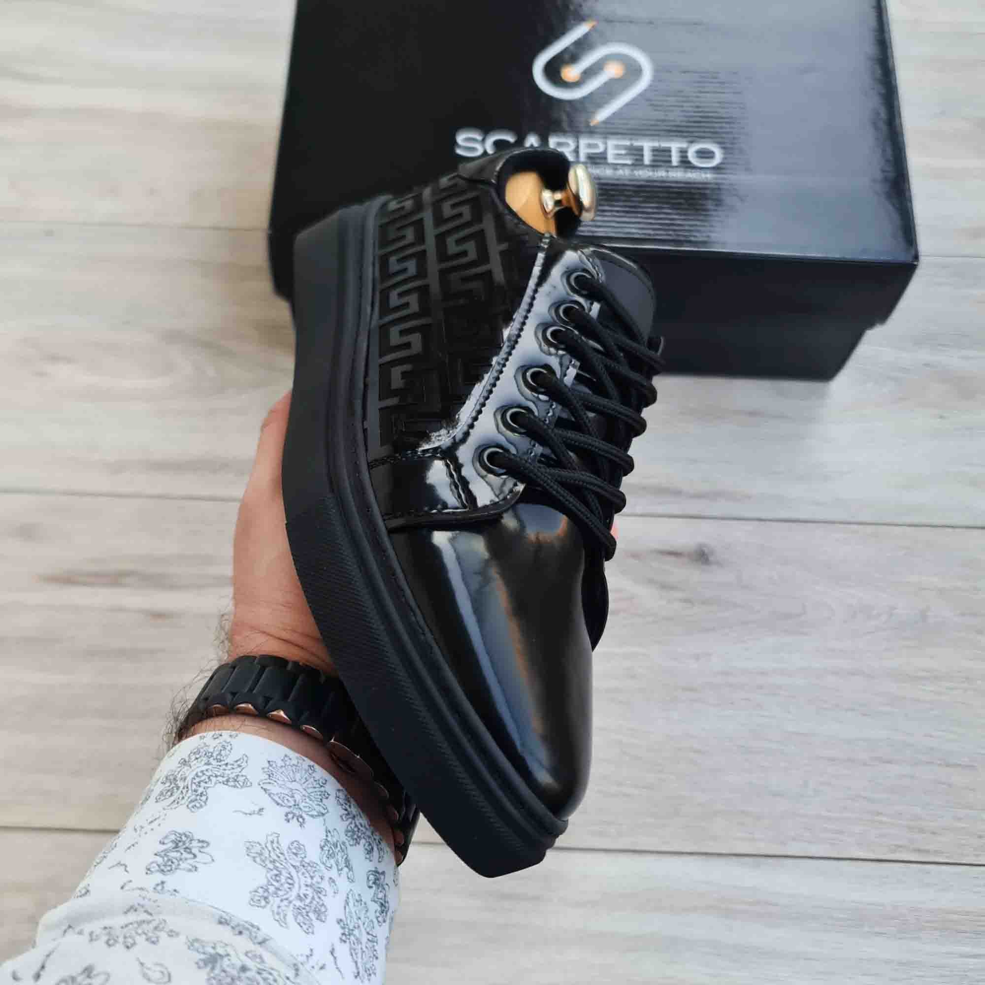 Greek Key Patent Leather Men's Sneaker — three-quarter view | Scarpetto