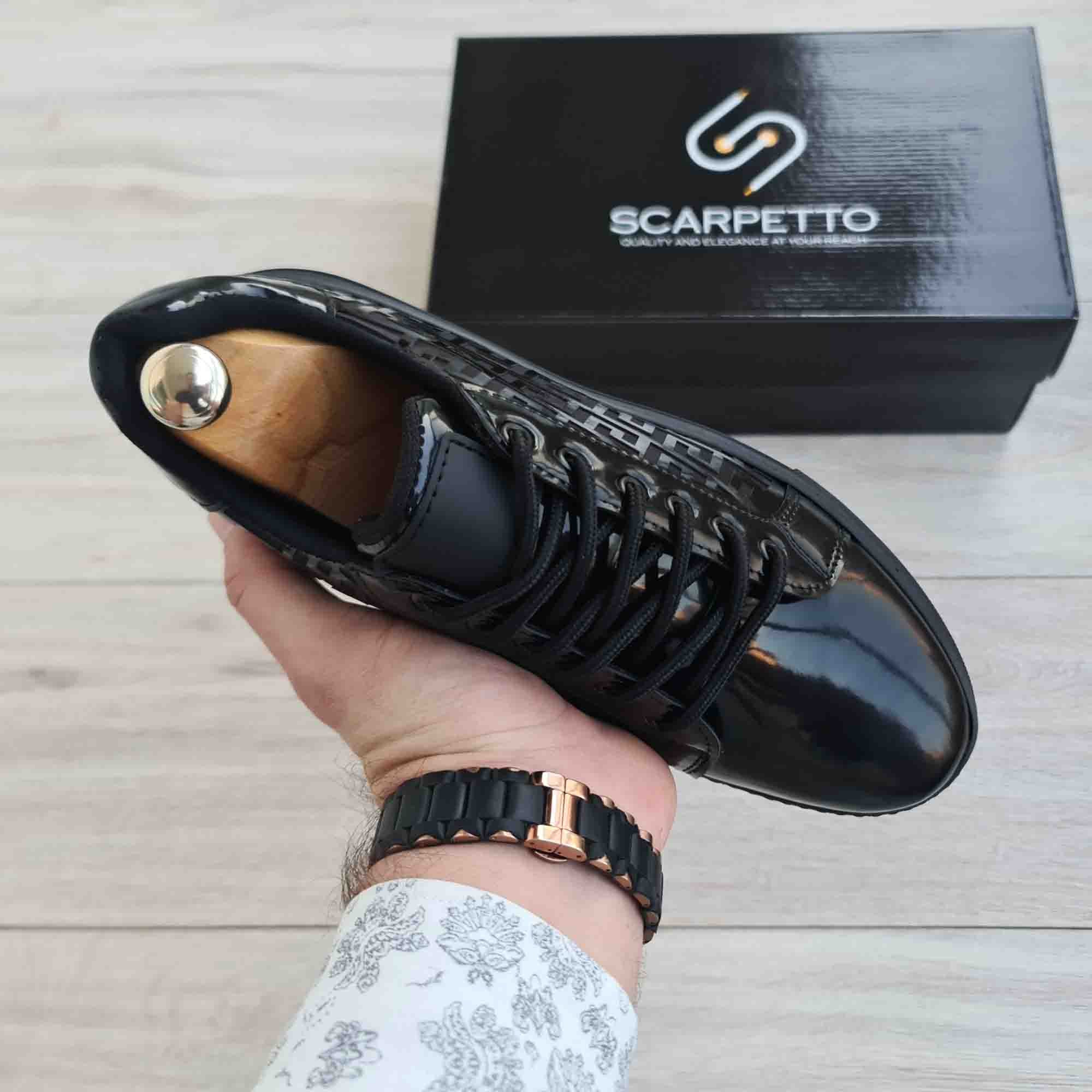 Greek Key Patent Leather Men's Sneaker — top view | Scarpetto
