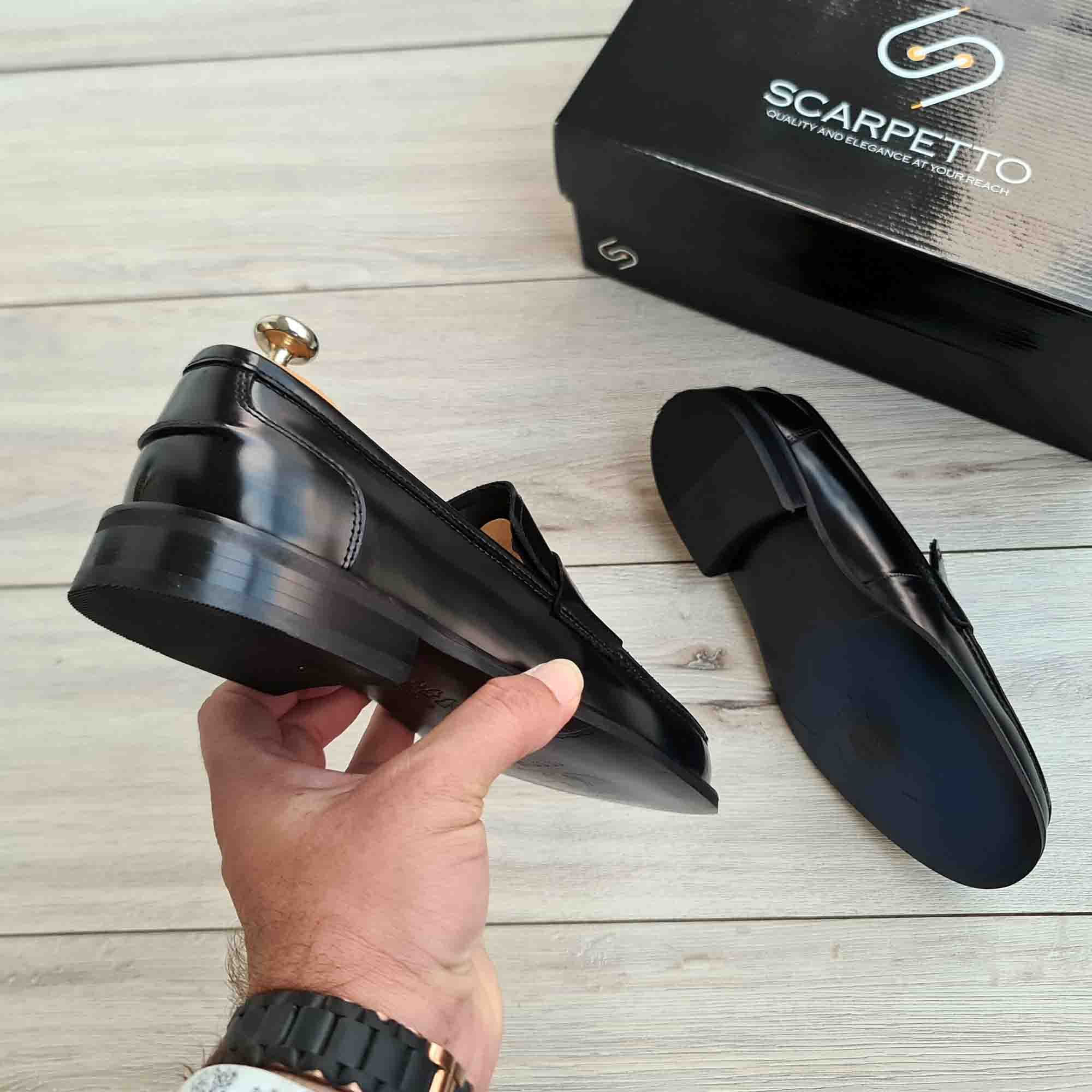 Verdeon Black Patent Leather Penny Loafer — sole detail | Scarpetto