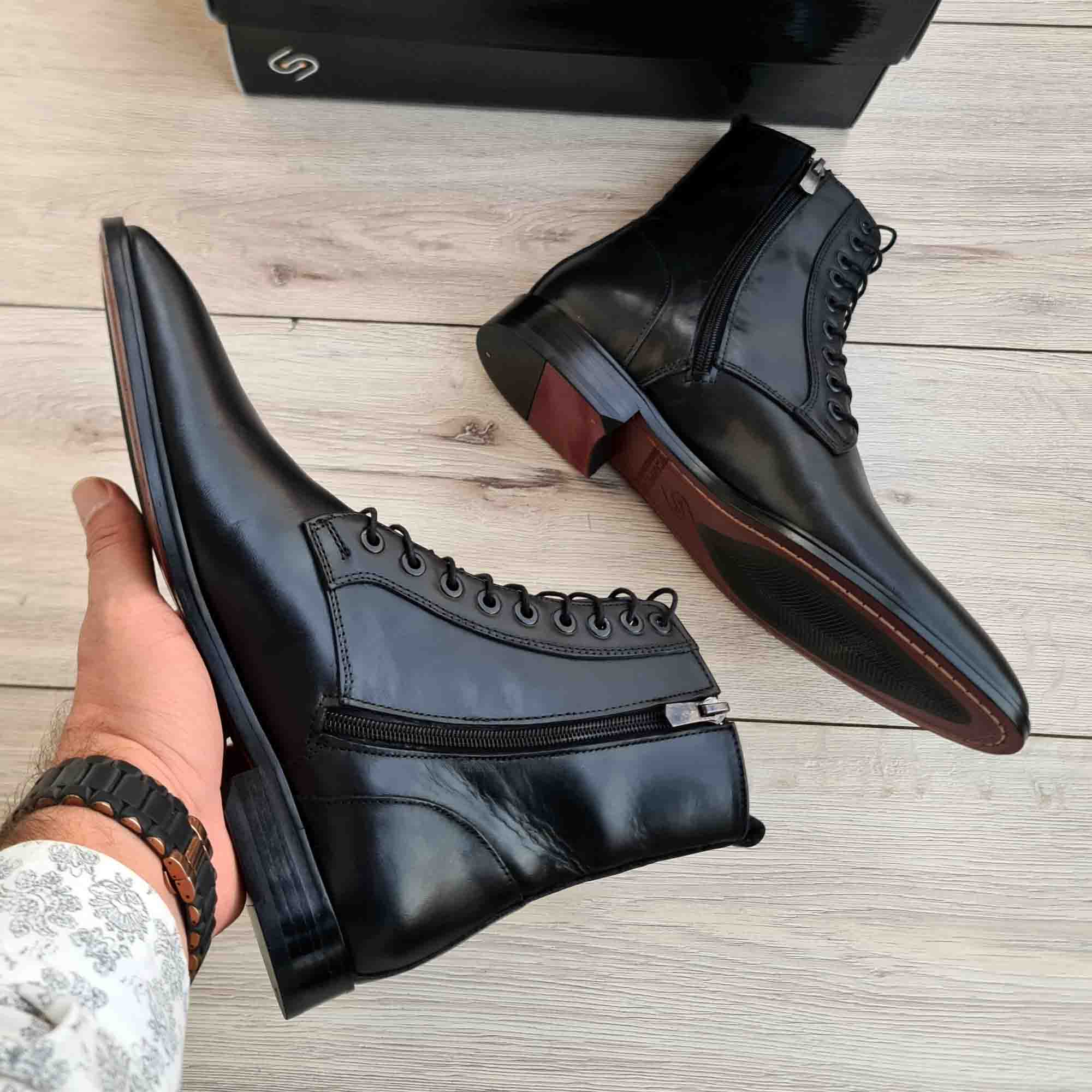 Windsor Black Leather Lace-Up Ankle Boots — top view | Scarpetto