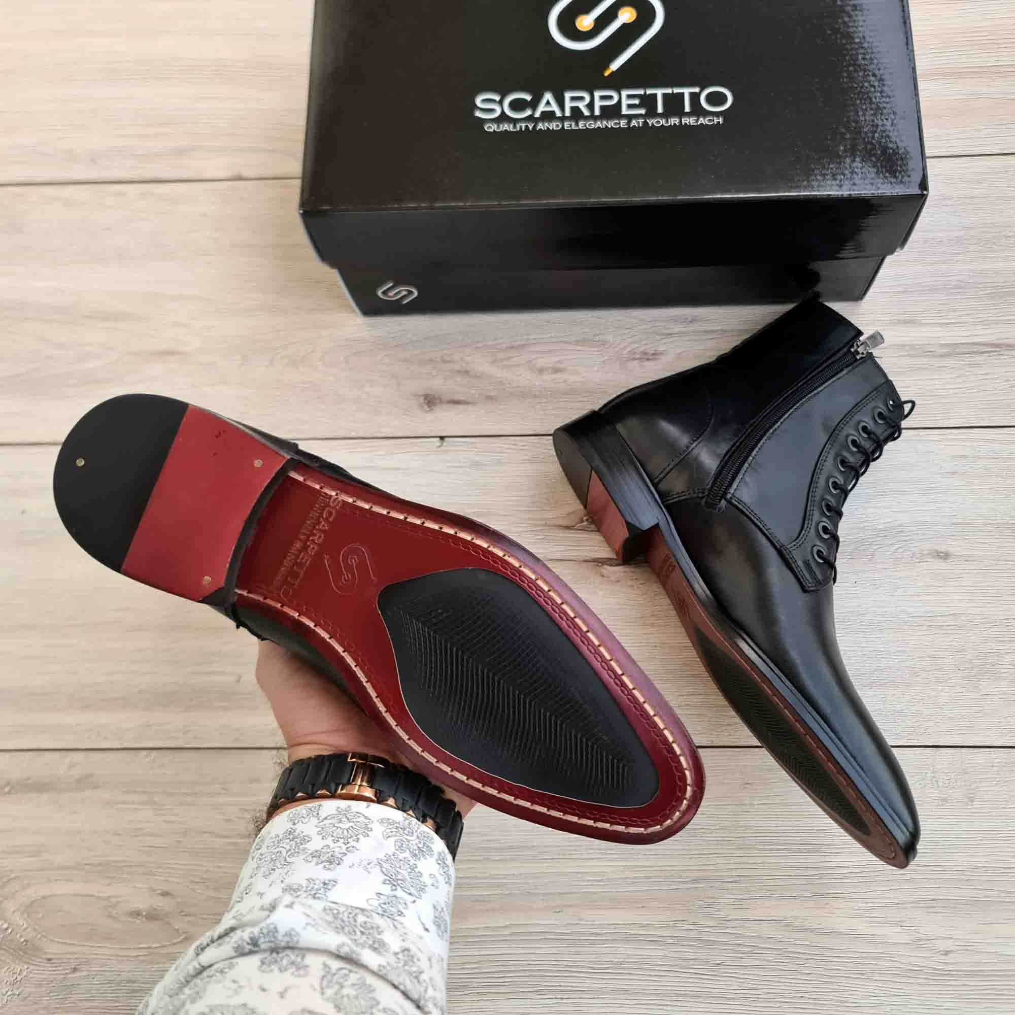 Windsor Black Leather Lace-Up Ankle Boots — sole detail | Scarpetto