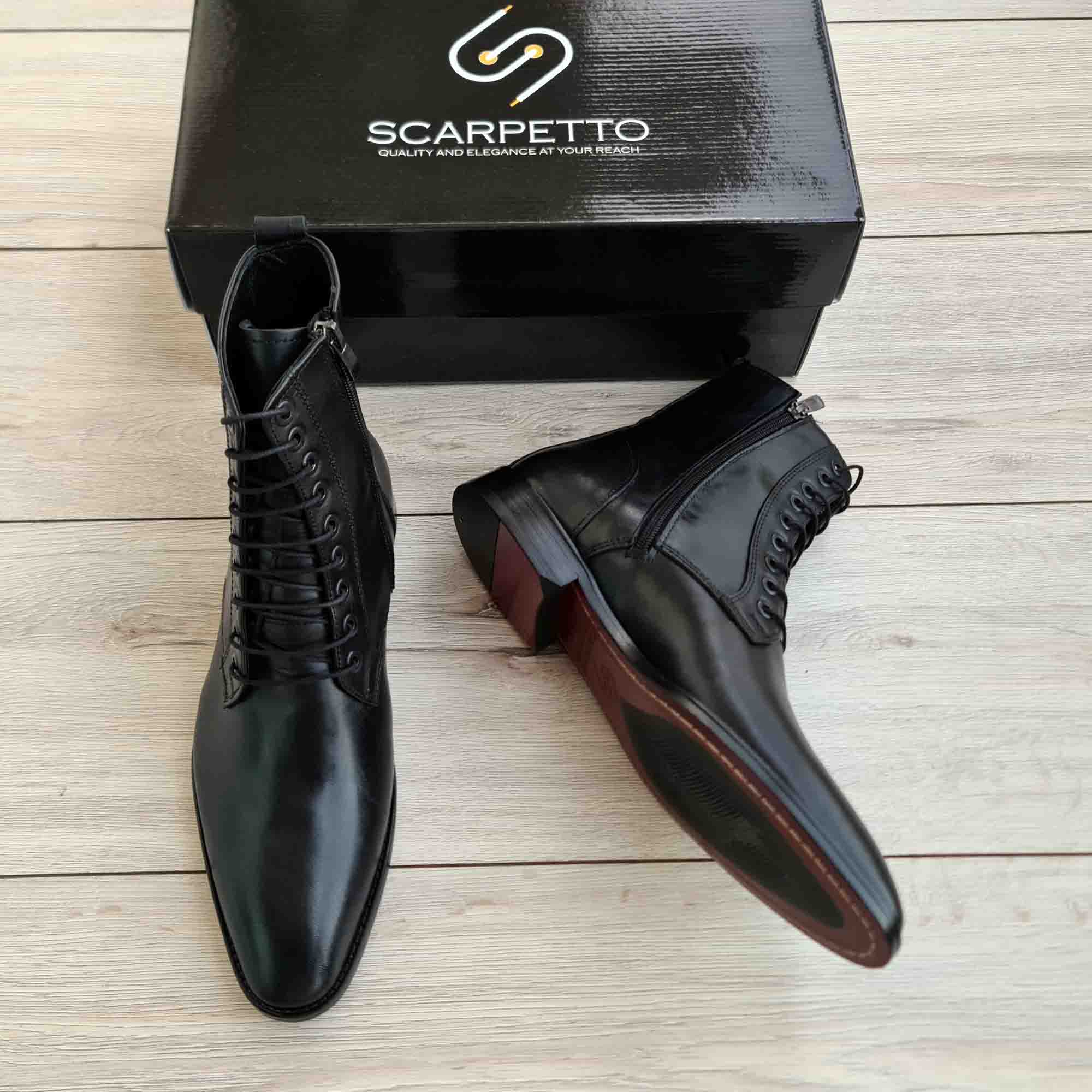 Windsor Black Leather Lace-Up Ankle Boots — heel detail | Scarpetto