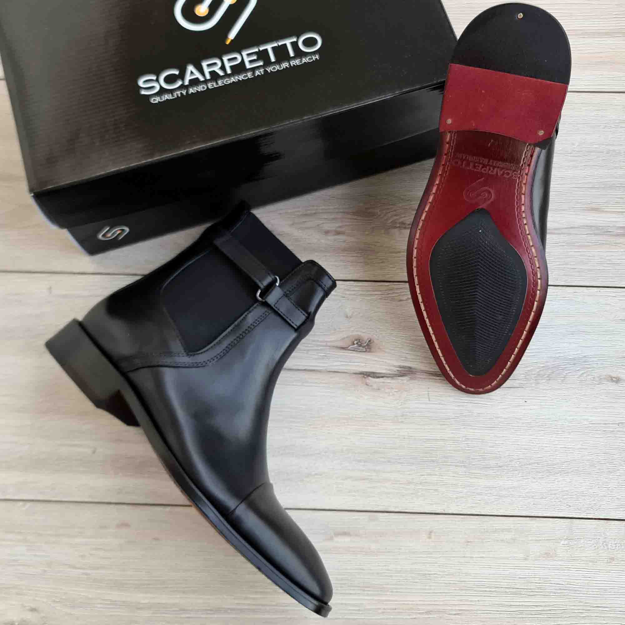 Black Leather Buckle Chelsea Boots for Men — three-quarter view | Scarpetto