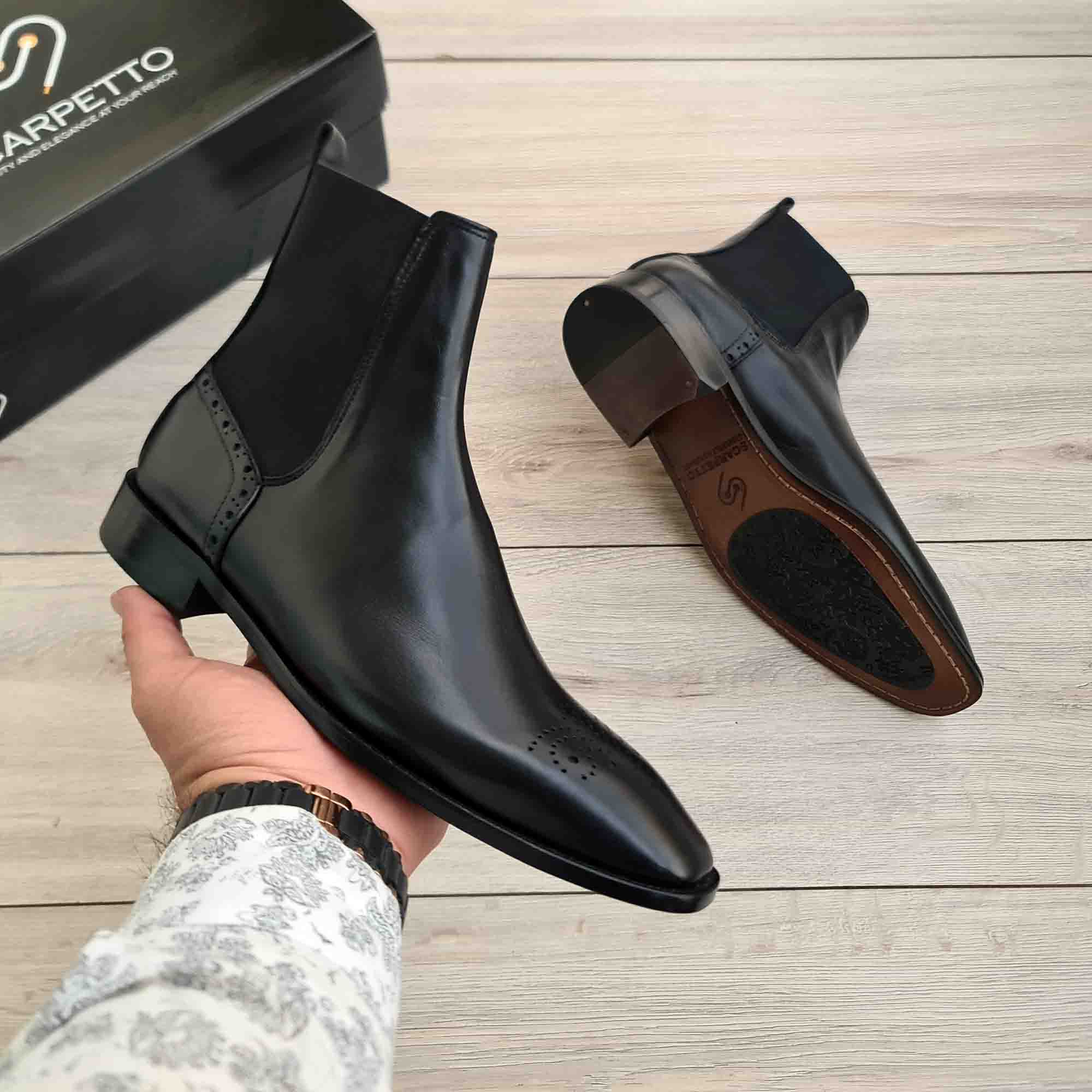 Regent Black Leather Brogue Chelsea Boots | Scarpetto EU-43 & US-10
