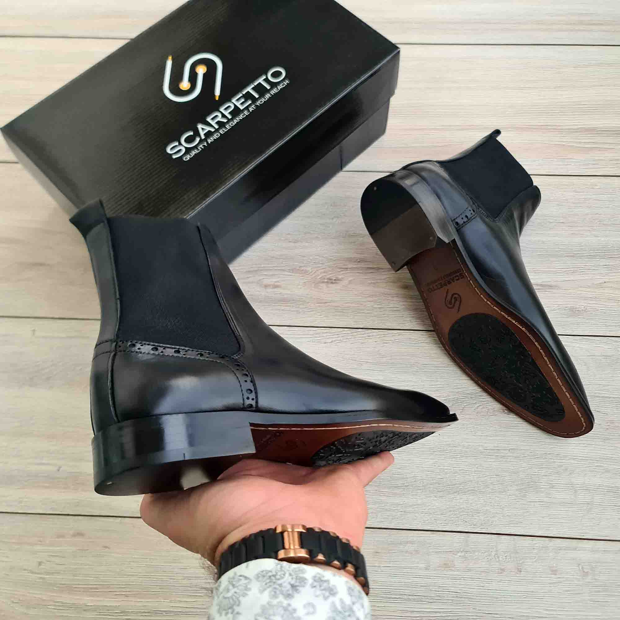 Regent Black Leather Brogue Chelsea Boots — heel detail | Scarpetto