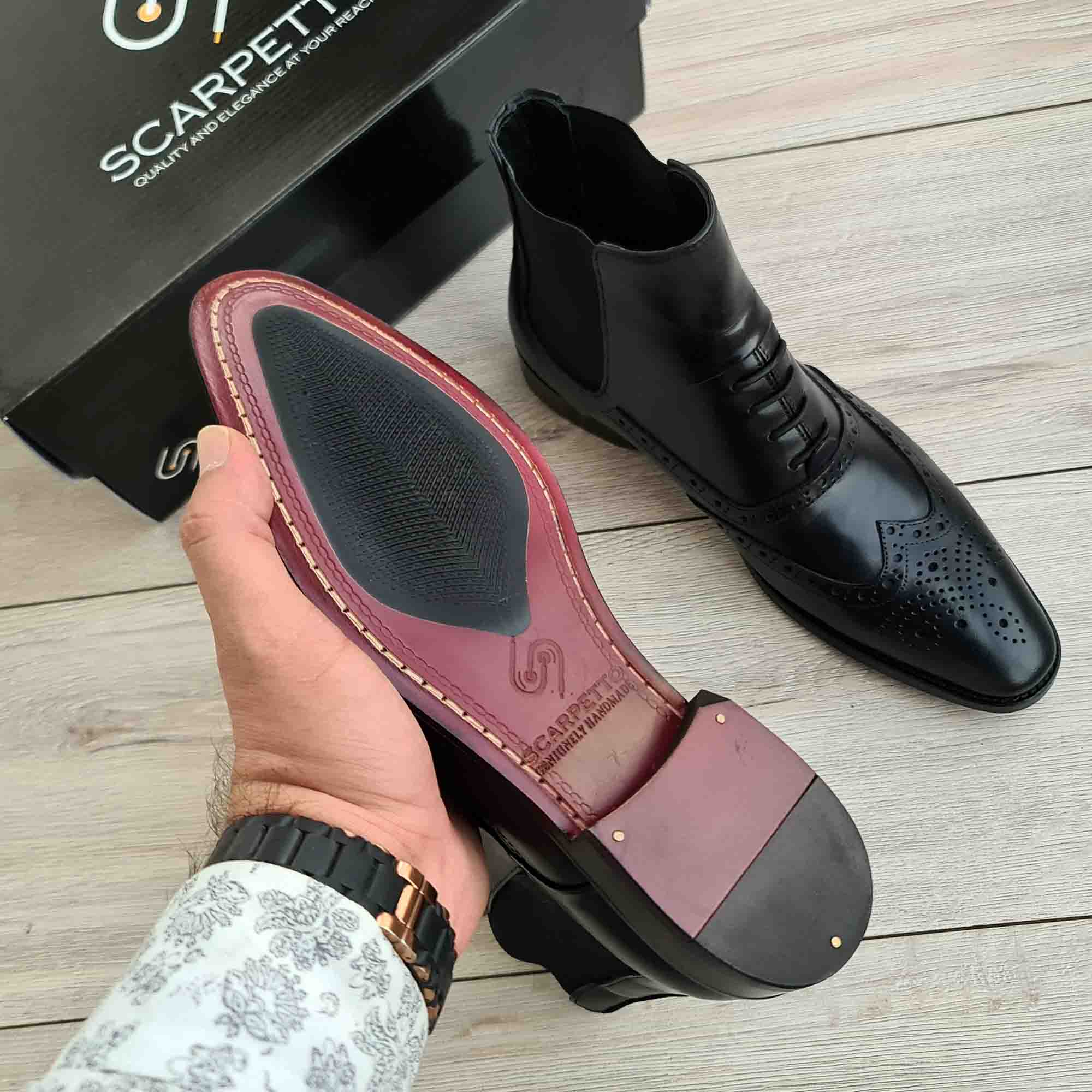 Wingy Black Leather Wingtip Chelsea Boots