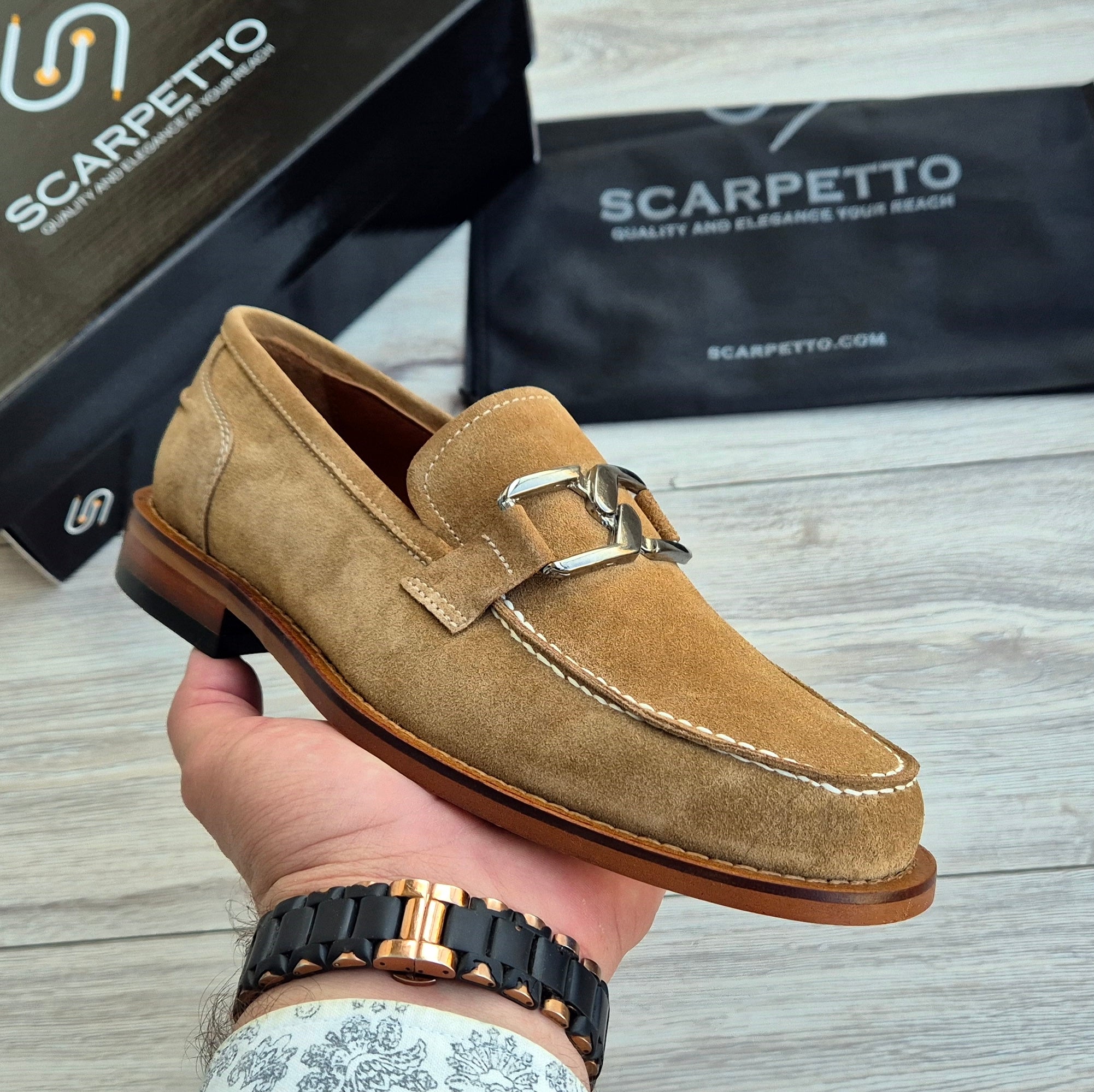Veltrano Camel Suede Men's Loafer — front view | Scarpetto