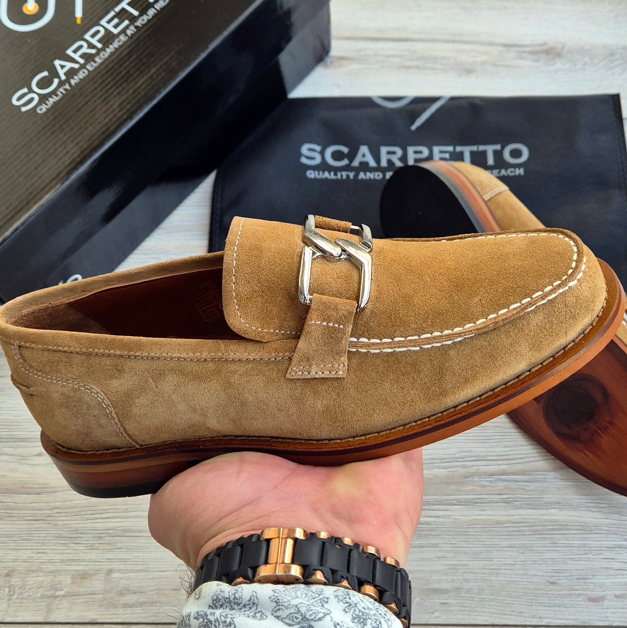 Veltrano Camel Suede Men's Loafer — three-quarter view | Scarpetto