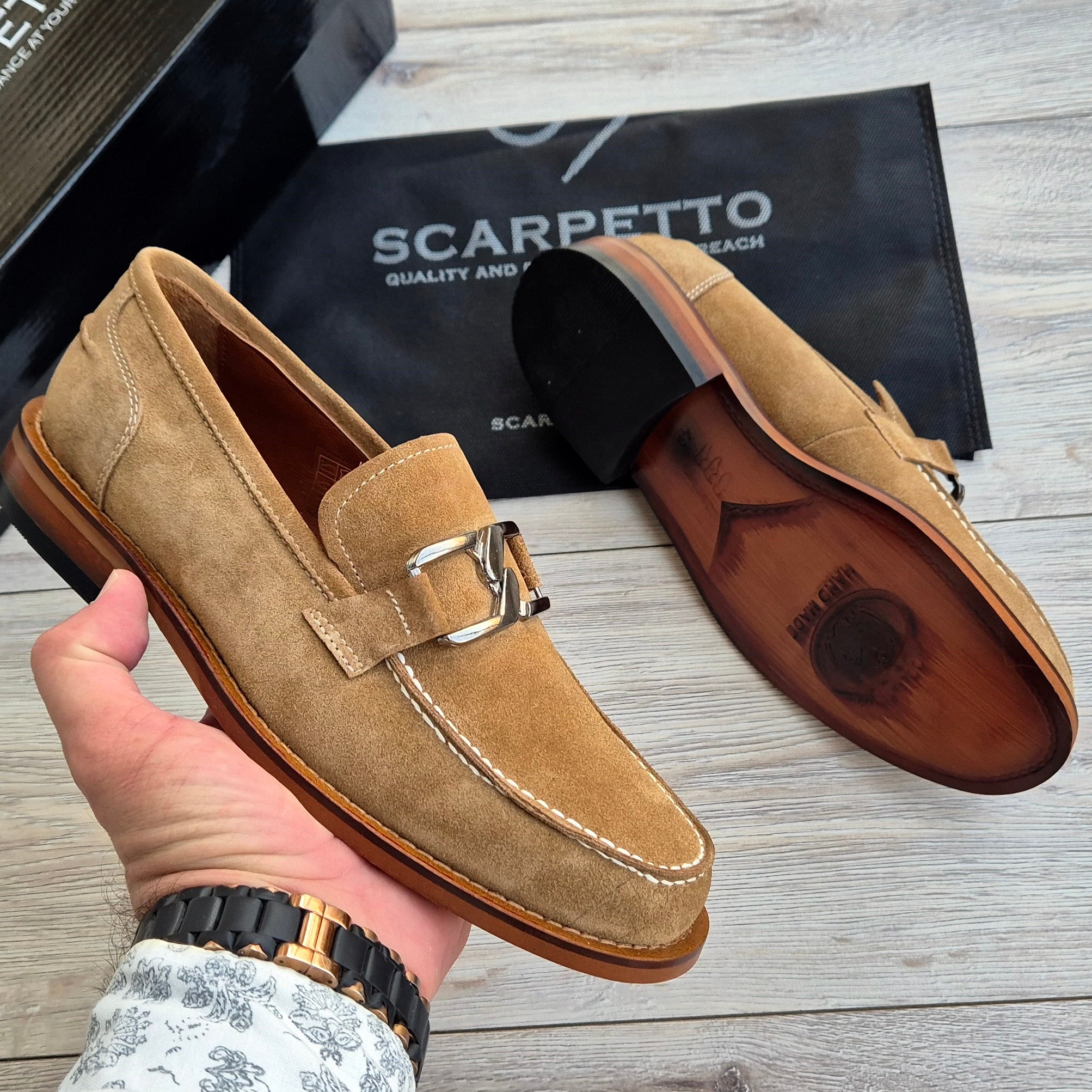 Veltrano Camel Suede Men's Loafer — sole detail | Scarpetto