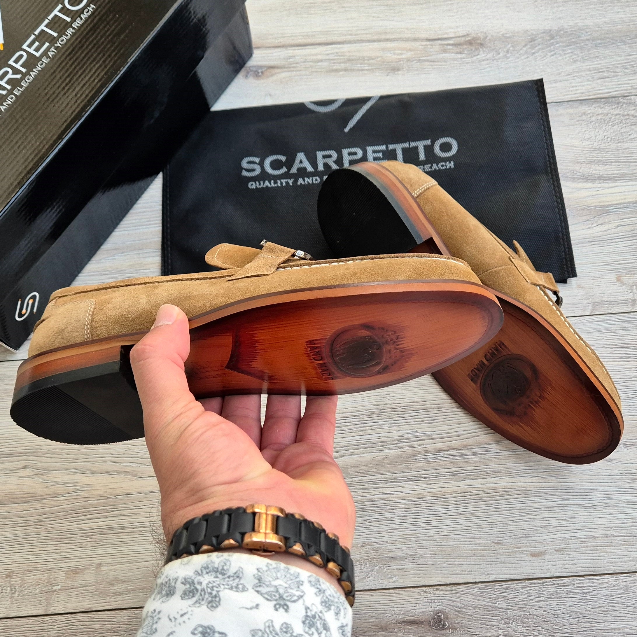 Veltrano Camel Suede Men's Loafer — heel detail | Scarpetto