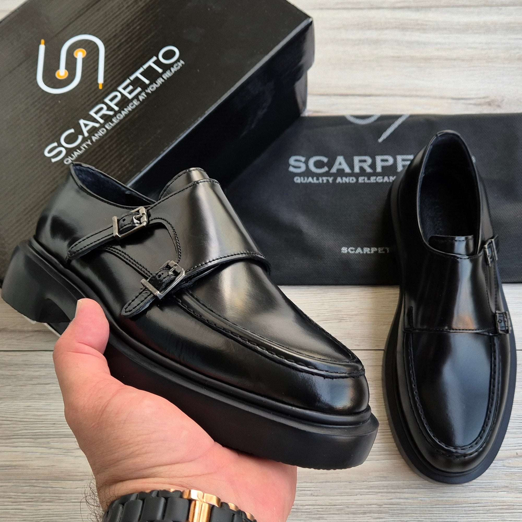 Montero High Platform Leather Men's Monk Strap — side view | Scarpetto