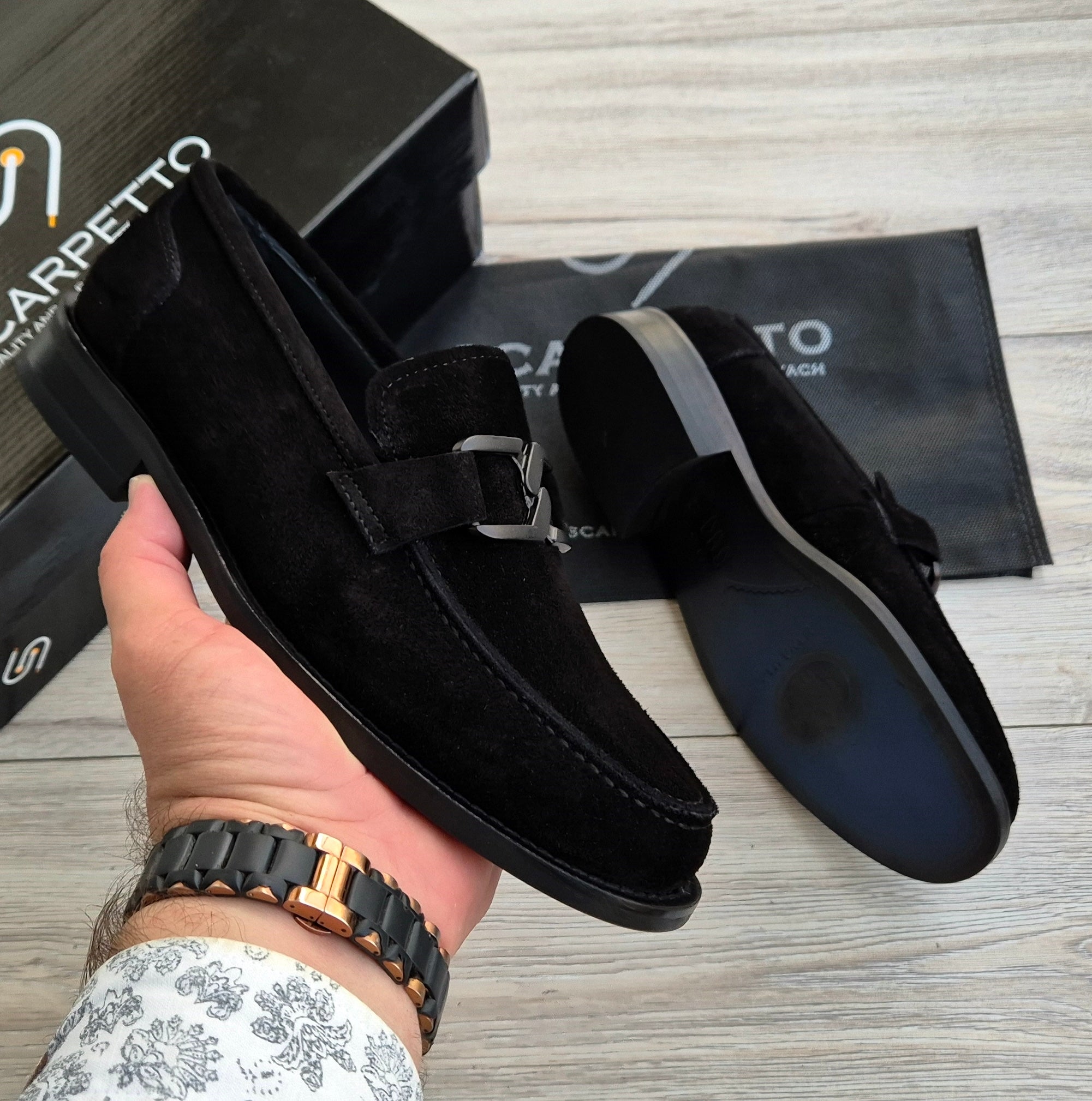 Veltrano Black Suede Men's Loafer — side view | Scarpetto