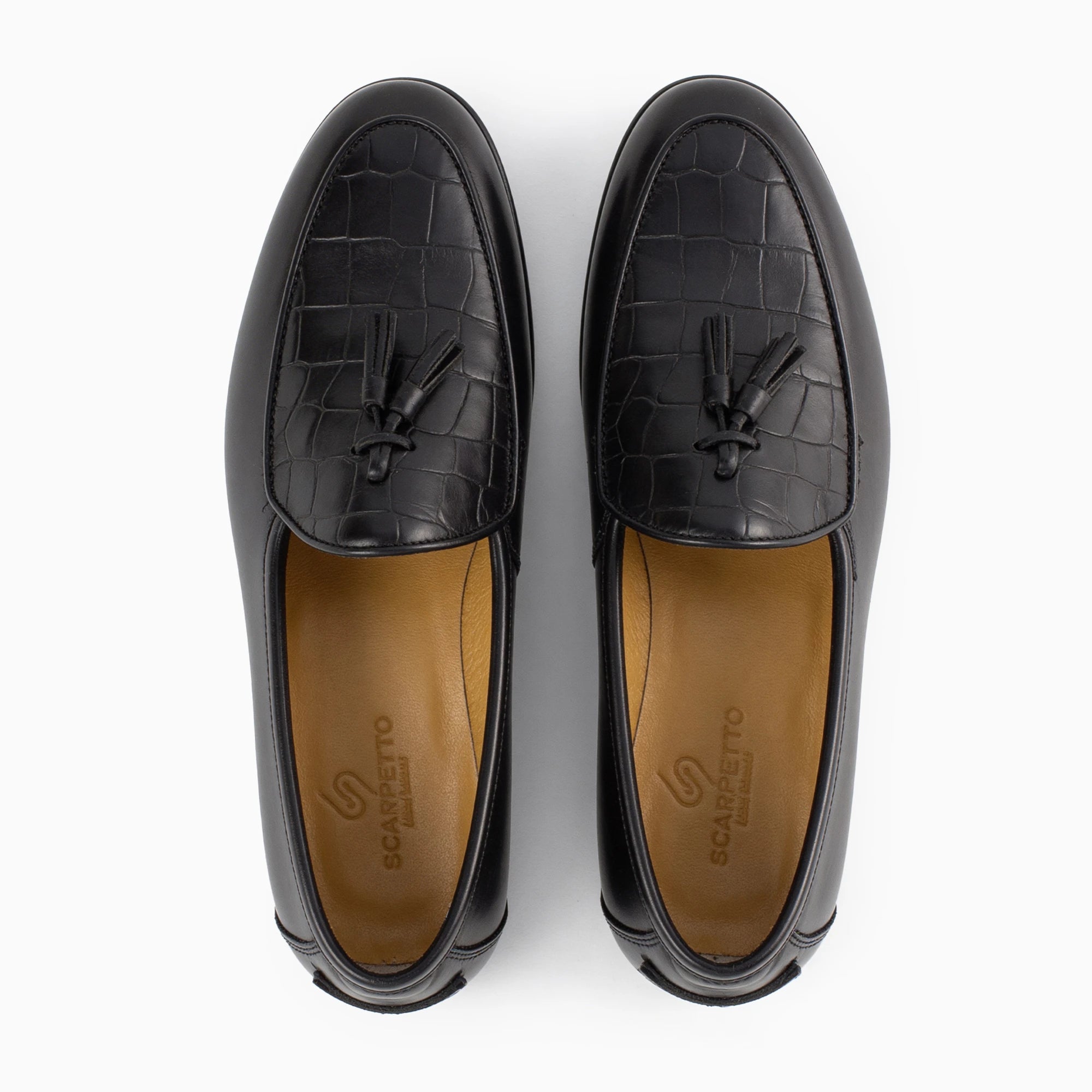 Frangiato Croco Black Tassel Loafer — top view | Scarpetto
