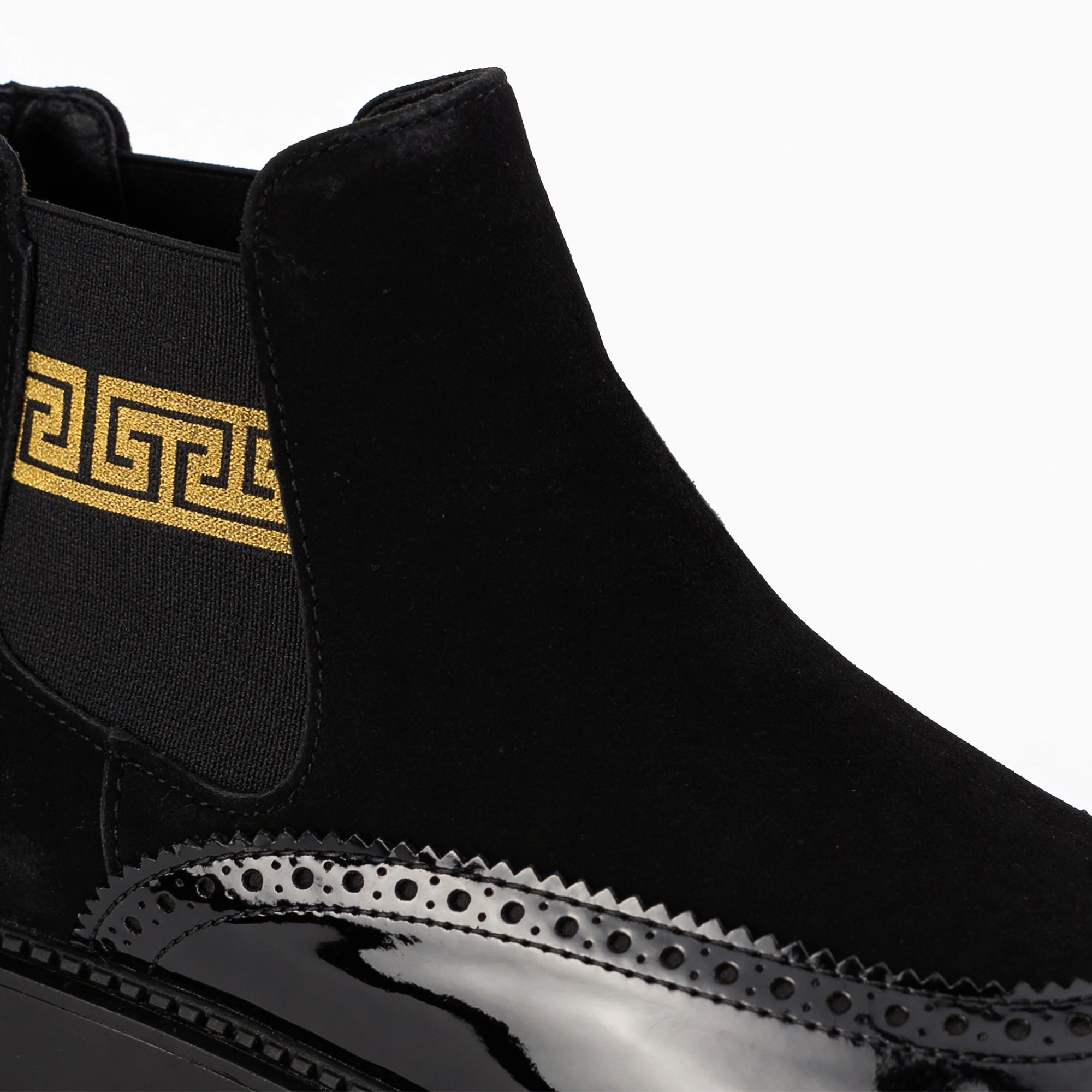 Plutus Black Patent & Suede Chelsea Boots — heel detail | Scarpetto