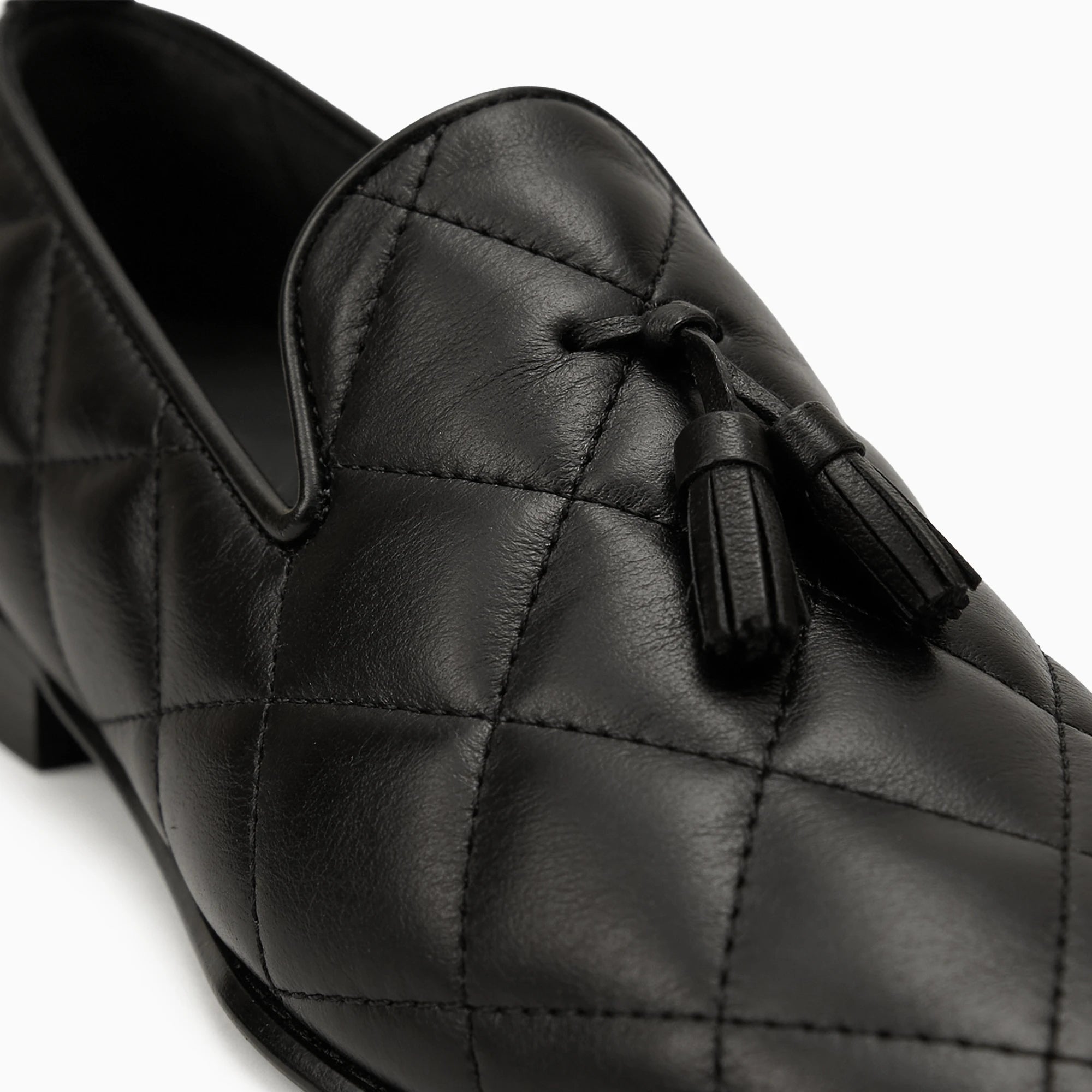 Quilted Tassel Black Leather Loafer — heel detail | Scarpetto