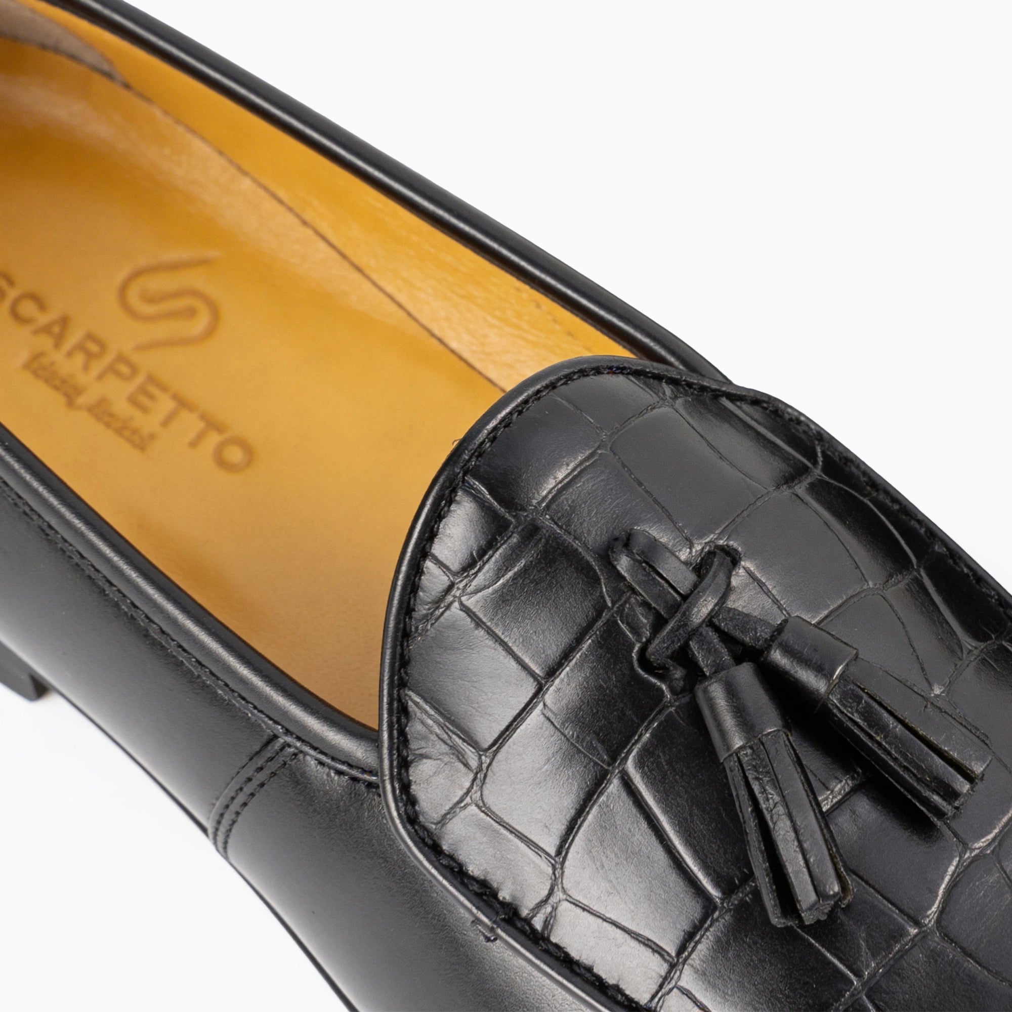 Frangiato Croco Black Tassel Loafer — heel detail | Scarpetto