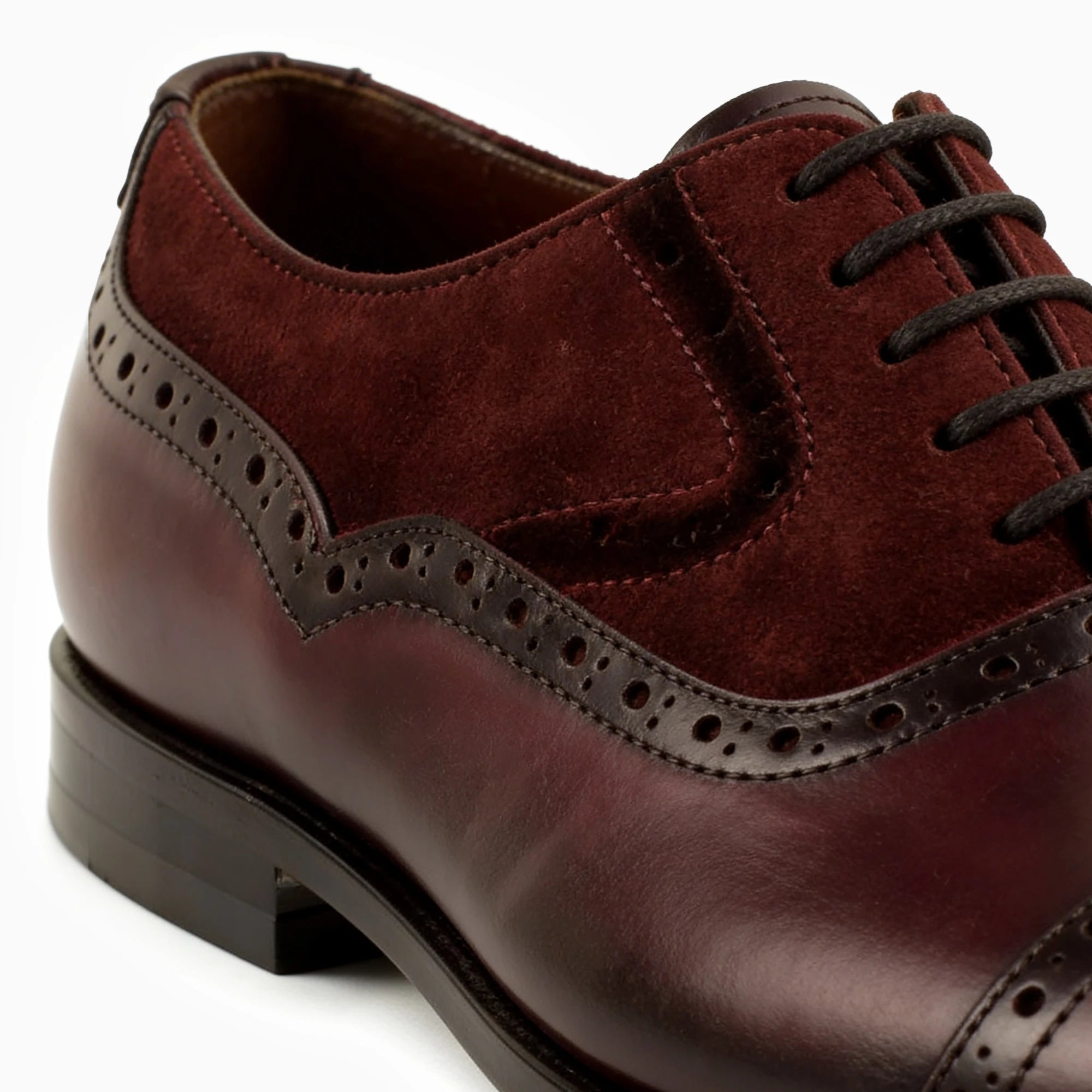 Sanzio Burgundy Suede & Leather Oxford — heel detail | Scarpetto