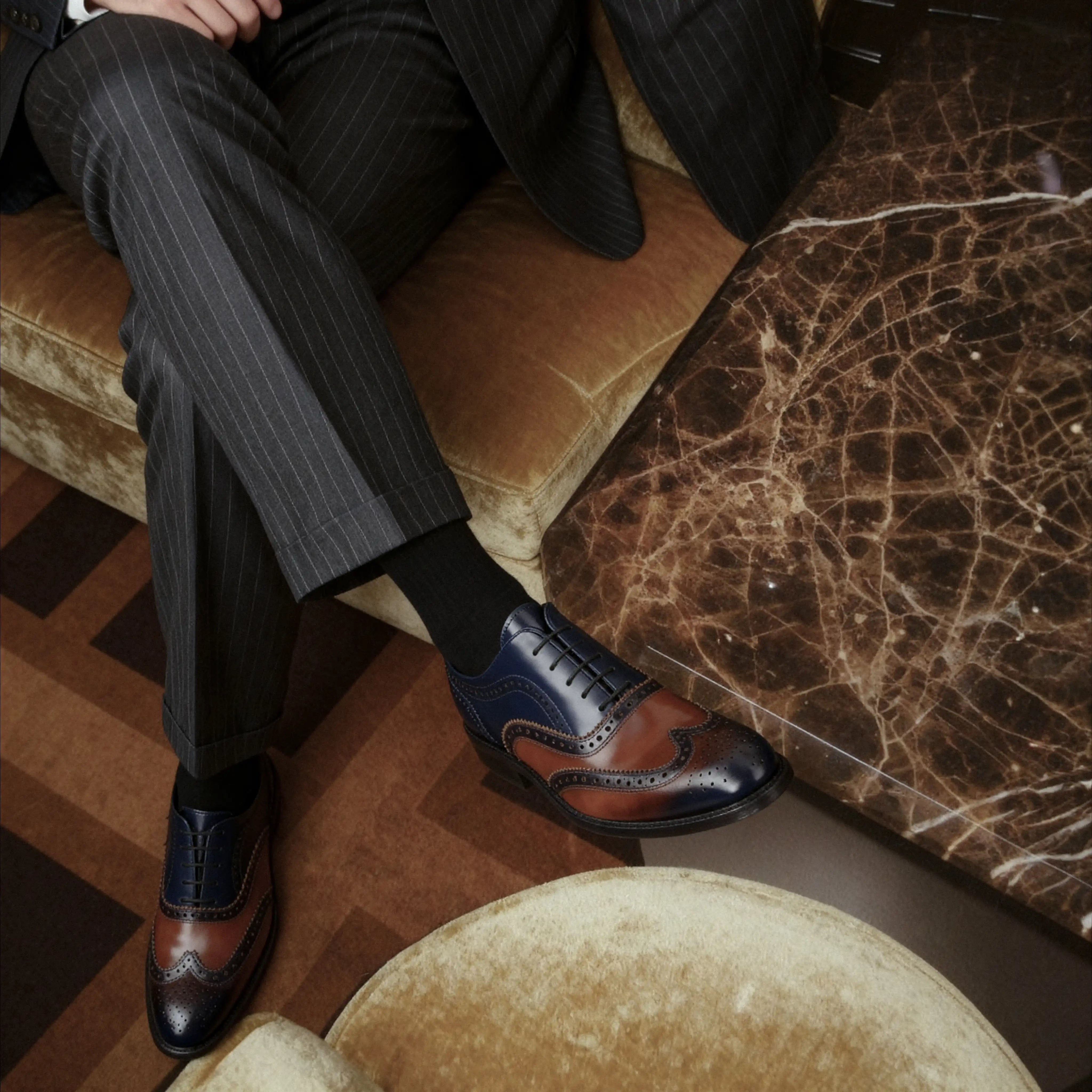 Adriano Brown-Navy Wingtip Leather Oxford — toe detail | Scarpetto