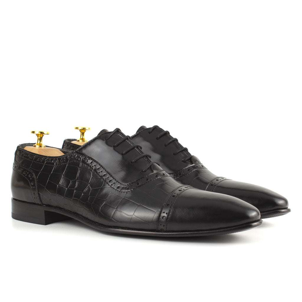 Sanzio Croco Black Cap-Toe Oxford for Men — side view | Scarpetto