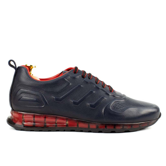 Dark Blue Leather Sneakers with Red Details | Platform High Sole