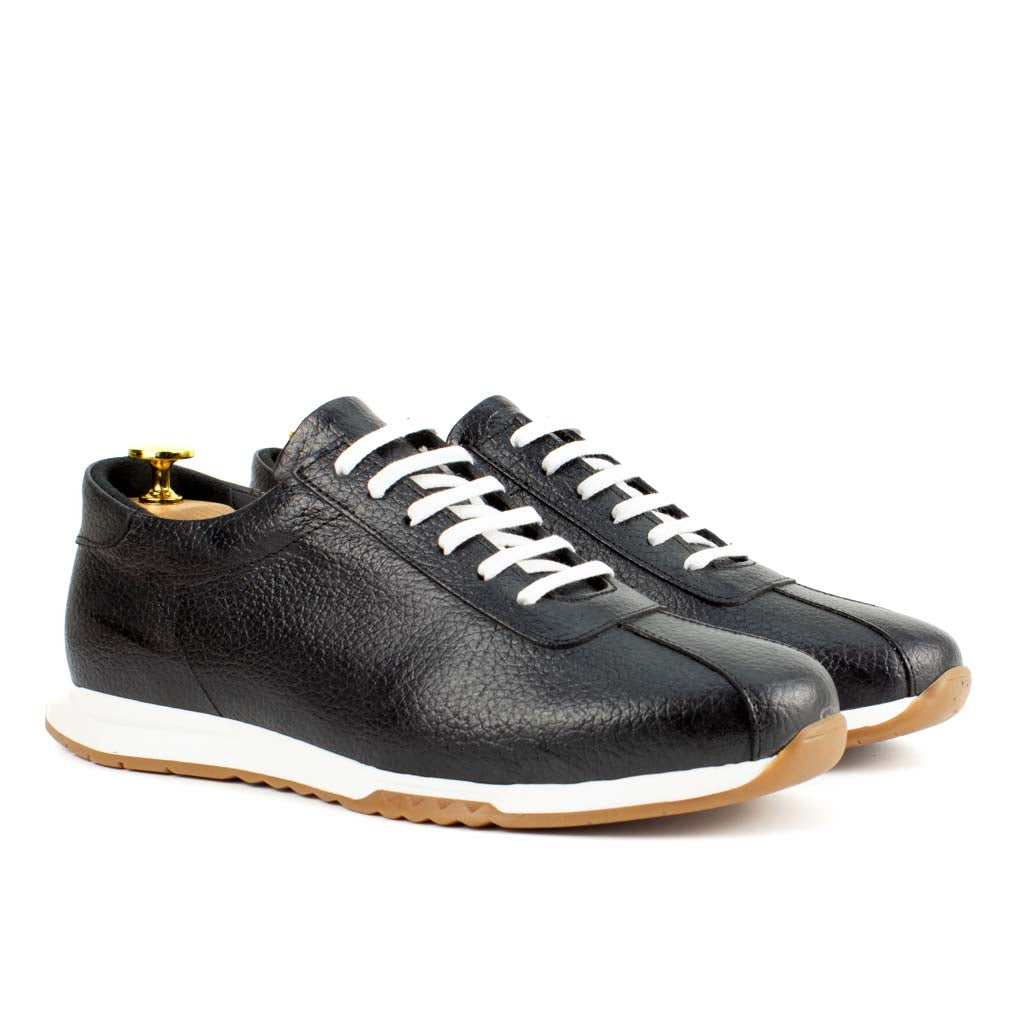 Charcoal Floater Grain Men's Leather Sneaker — three-quarter view | Scarpetto