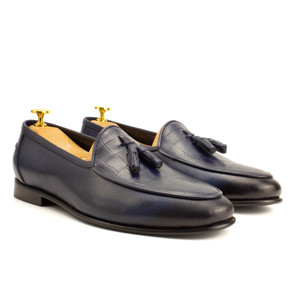 Frangiato Croco Navy Tassel Men's Loafer — side view | Scarpetto