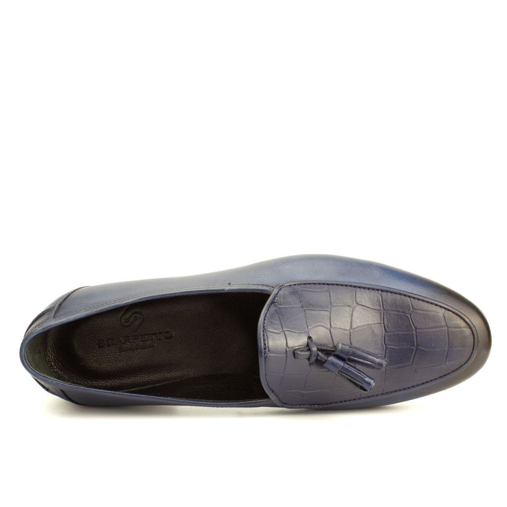 Frangiato Croco Navy Tassel Men's Loafer — three-quarter view | Scarpetto