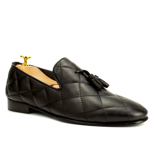 Premium Quilted Leather Tassel Loafers in Black