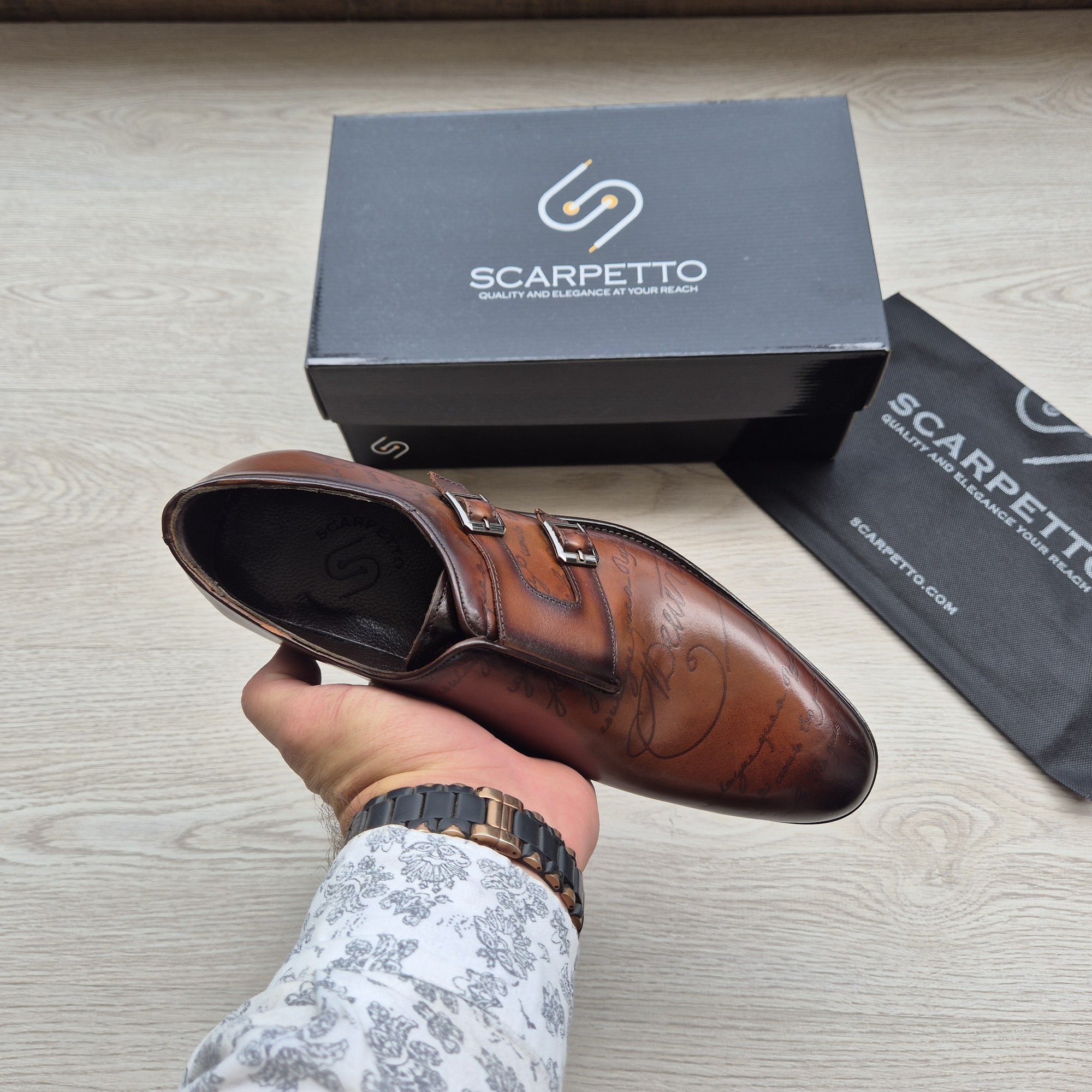 Alessandro Scritto Cognac Hand-Painted Double Monk Strap front view