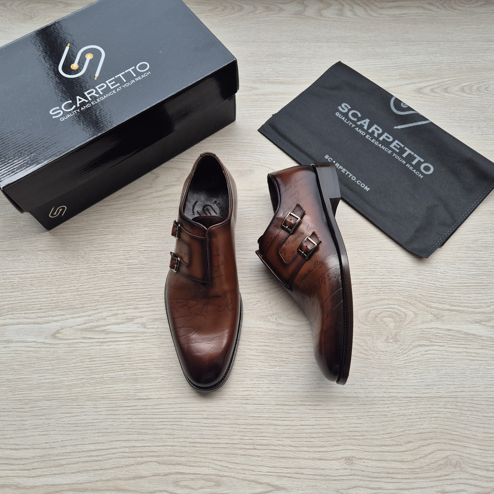 Alessandro Scritto Cognac Hand-Painted Double Monk Strap top view